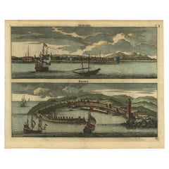Rare e antiche vedute panoramiche di Stanchio, Grecia e dell'isola di Rodi, 1698