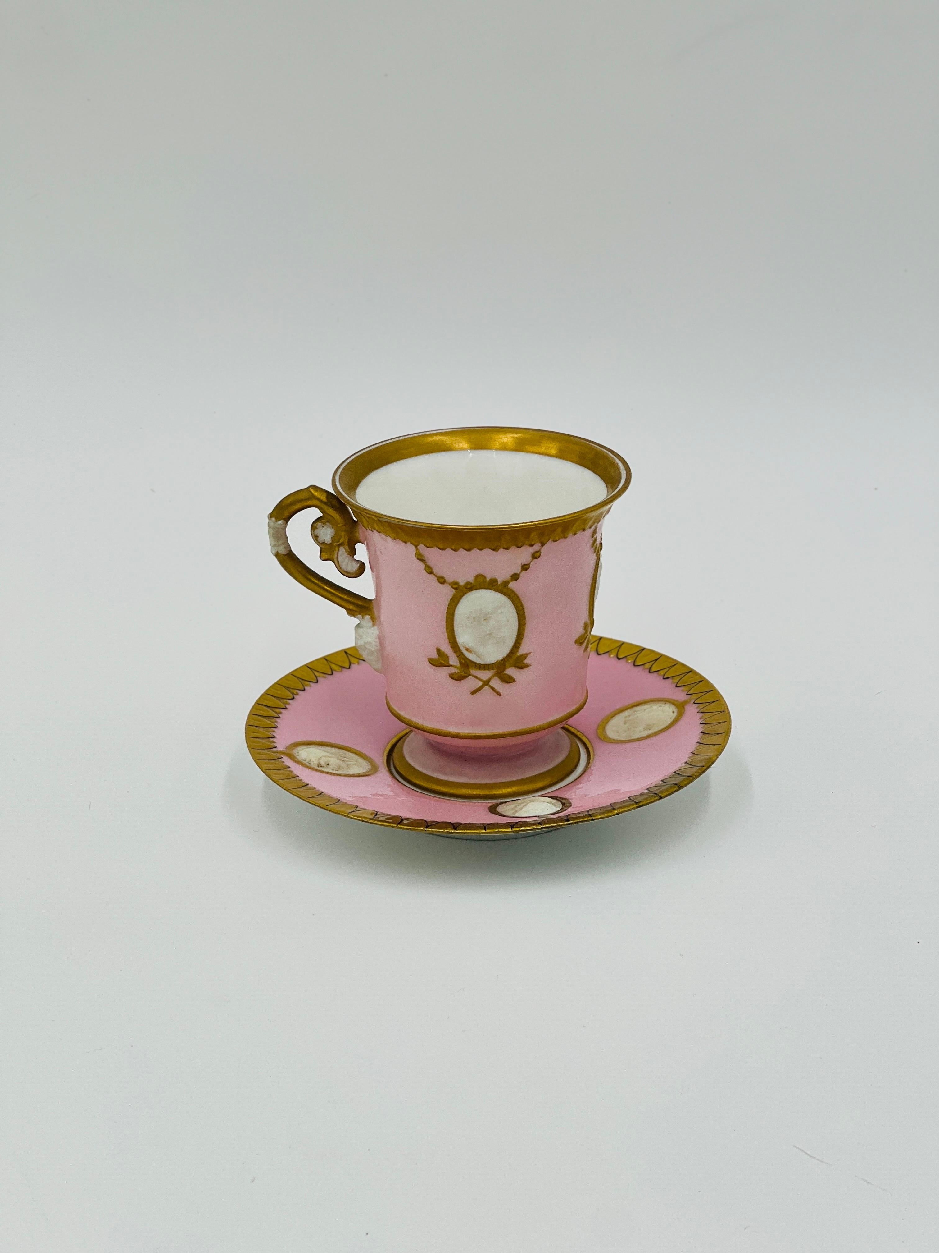Porcelain Rare Old Paris Empire Style Classical Teacup & Saucer w/ Bisque Faces & Ram Head For Sale