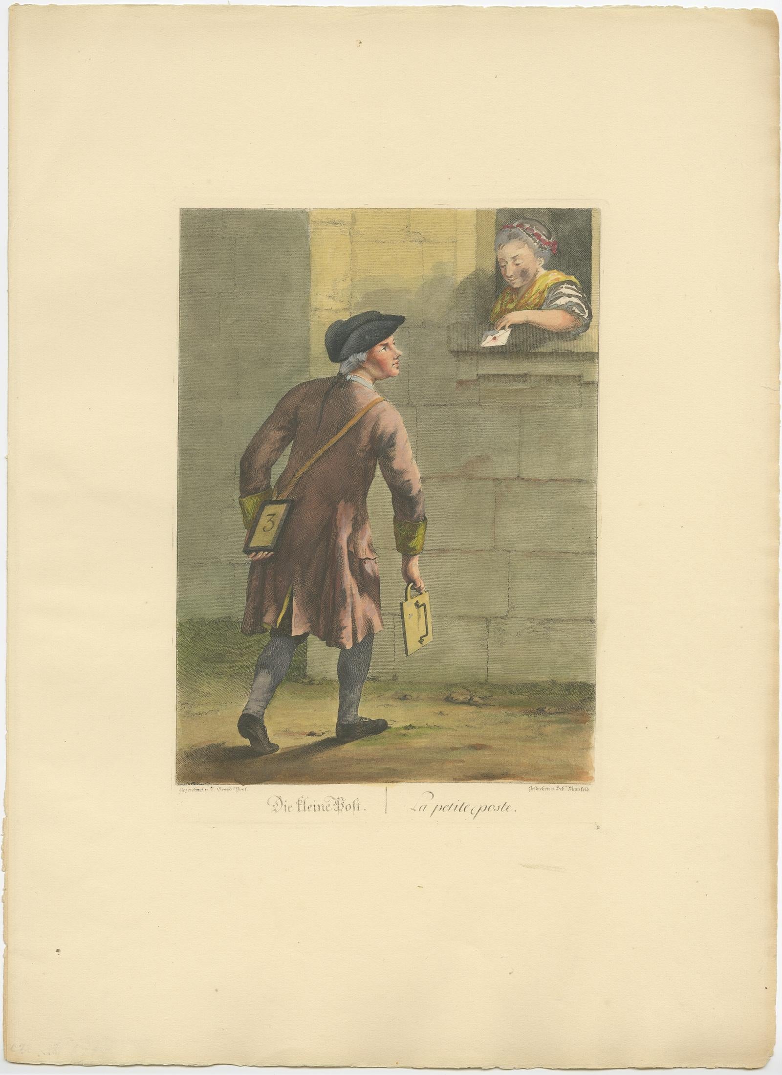 Antique print titled 'Die kleine Post - La petite Poste'. 

Old profession print depicting a courrier. This print originates from 'Zeichnungen nach dem gemeinen Volke besonders Der Kaufruf in Wien' made after J.C. Brand. 

Artists and Engravers: