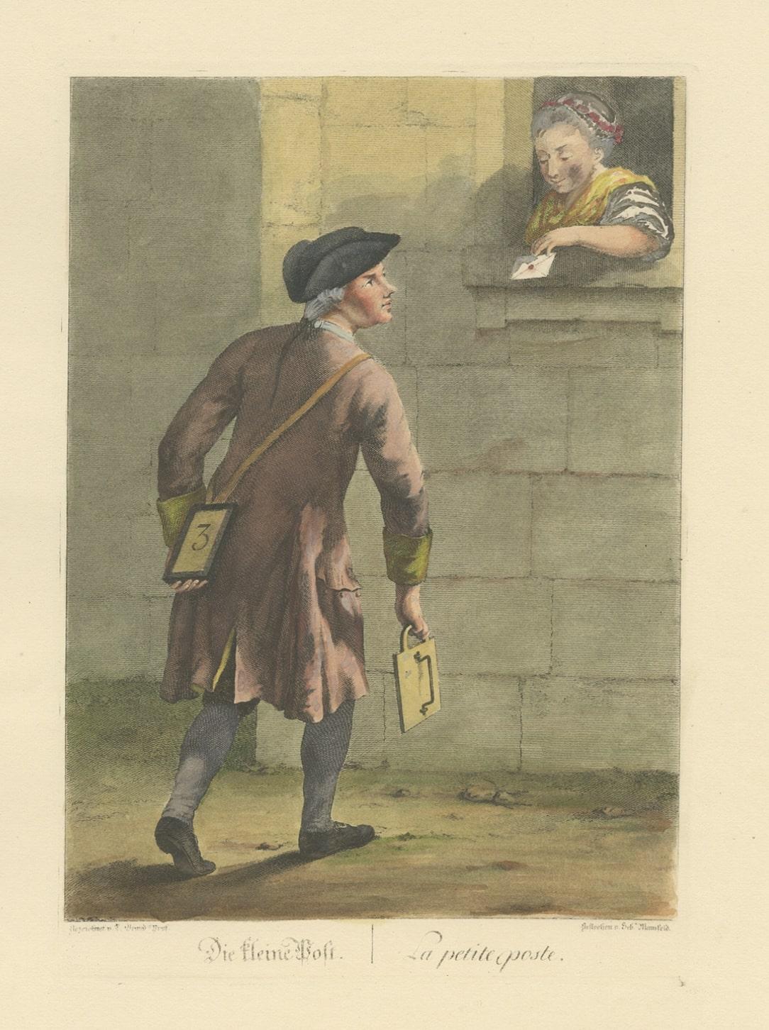 Rare estampe ancienne de profession représentant un coursier, probablement de Vienne, Autriche, 1775 Bon état - En vente à Langweer, NL