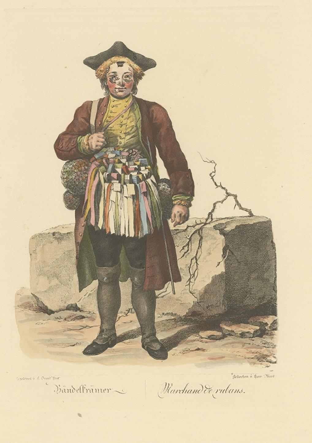 Rare Old Profession Print Depicting a Ribbon Merchant, Likely in Austria, 1775 In Good Condition For Sale In Langweer, NL