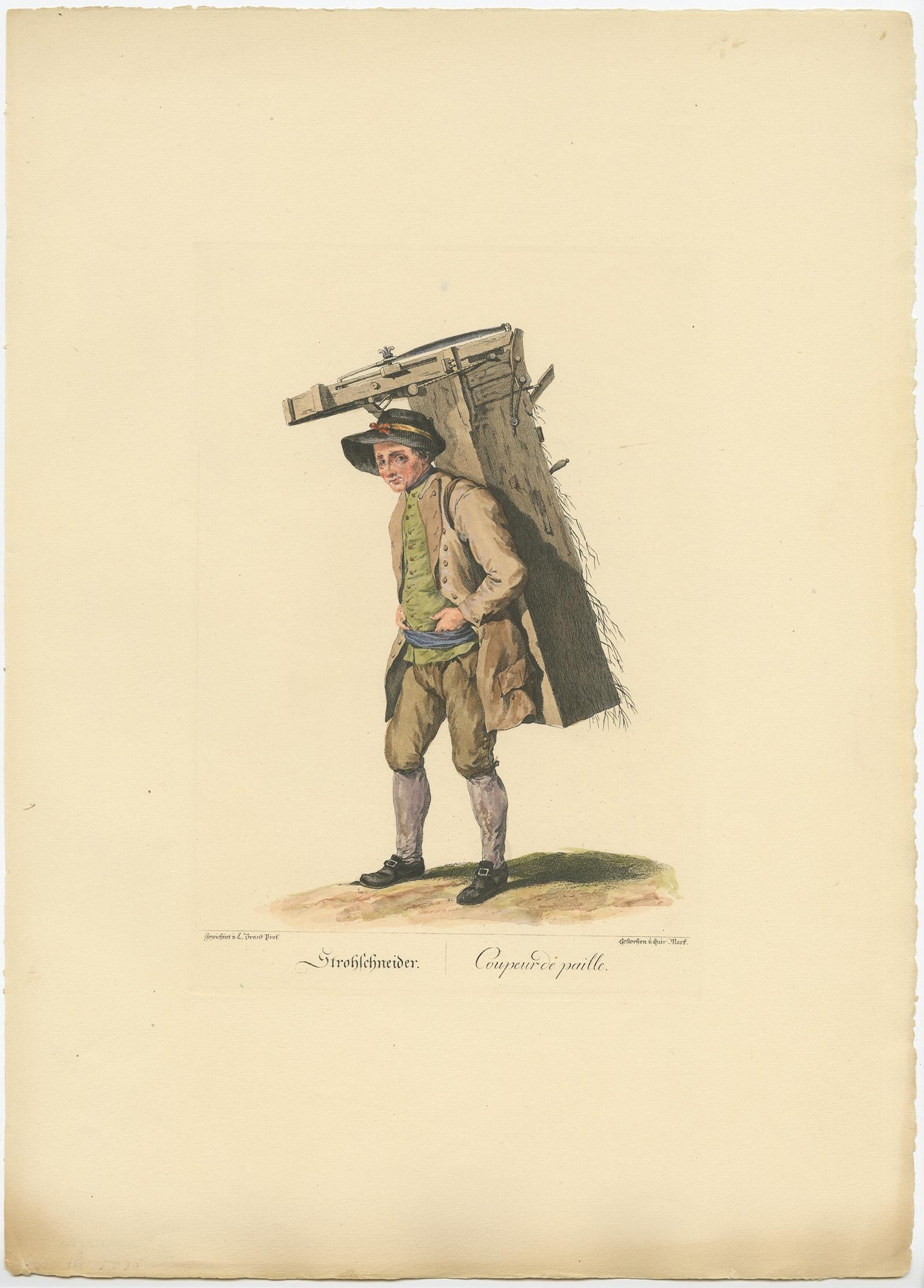 Antique print titled 'Strohschneider - Coupeur de paille'. 

Old profession print depicting a straw cutter. This print originates from 'Zeichnungen nach dem gemeinen Volke besonders Der Kaufruf in Wien' published by J.C. Brand. 

Artists and