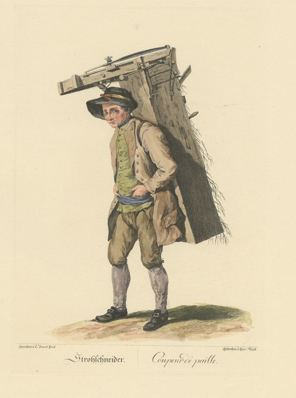 Rare estampe de profession ancienne représentant un tailleur de paille, probablement en Autriche, 1775 Bon état - En vente à Langweer, NL