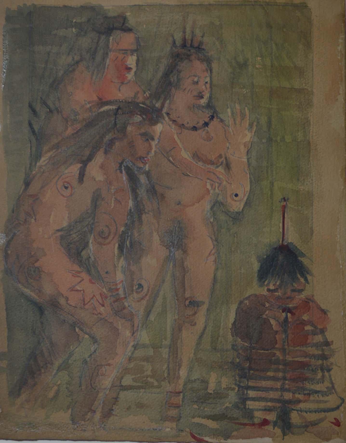 A rare old Triptych of watercolor paintings of Tribal people probably Native Americans with early settlers.
A group of 3 watercolor paintings probably from a old note or sketchbook depicting Tribal Natives
trading with European settlers and engaged