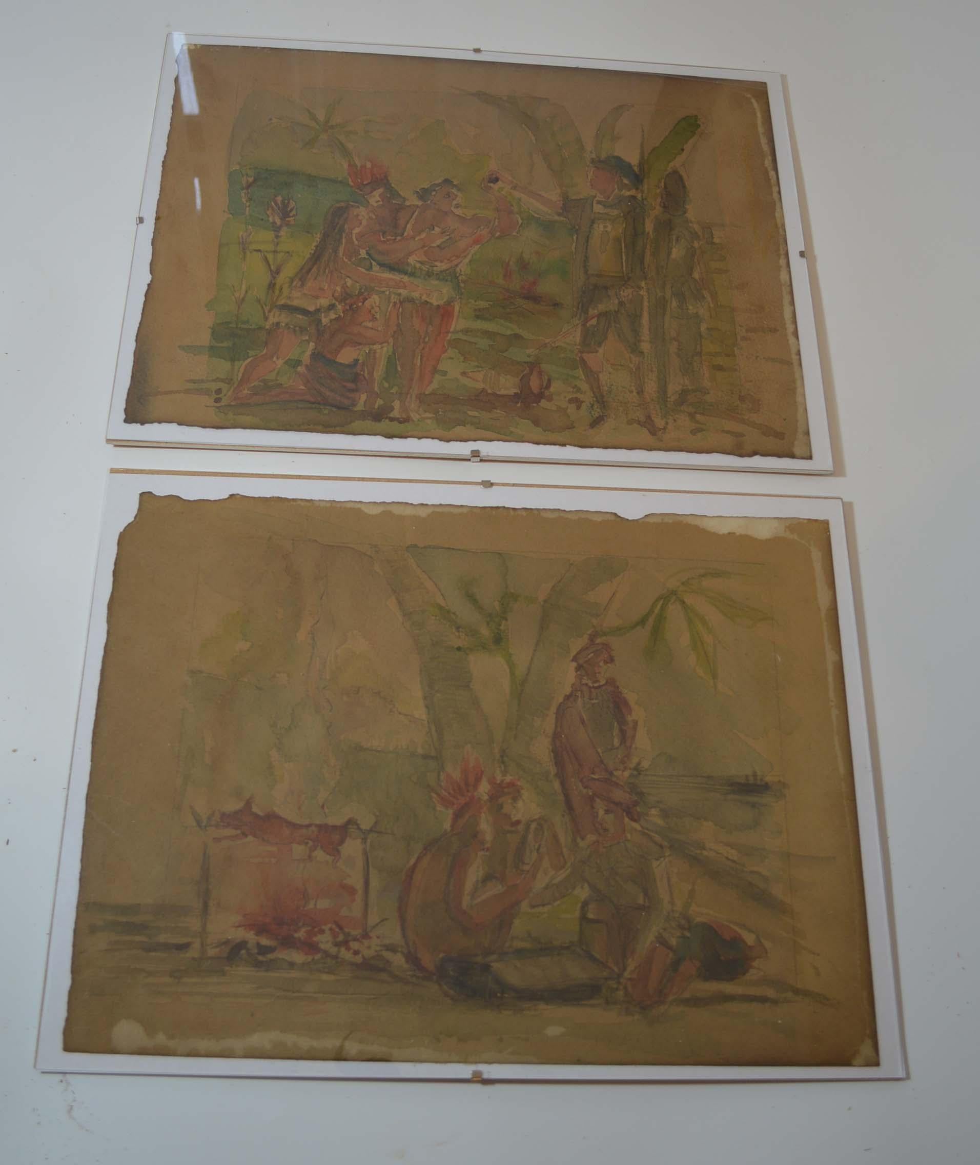 Rare Old Triptych of Watercolor Paintings Native Americans with Early Settlers In Good Condition In London, GB