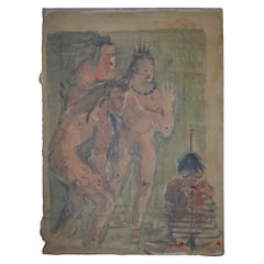 Antique Rare Old Triptych of Watercolor Paintings Native Americans with Early Settlers