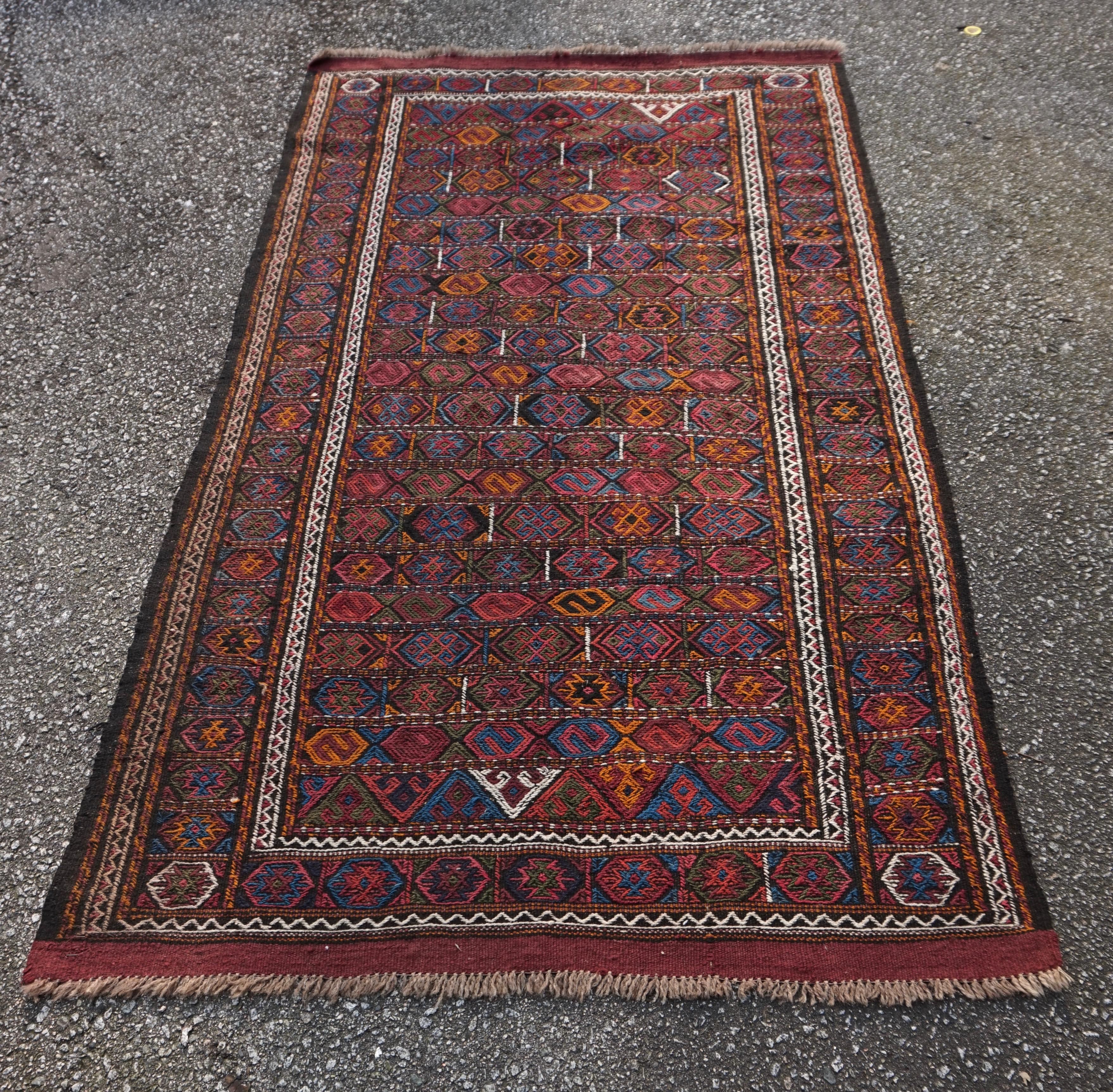 Rare Old Stock Hand-Knotted Central Asian Nomadic Tribal Flat-Weave Kilim In Good Condition For Sale In Vancouver, British Columbia