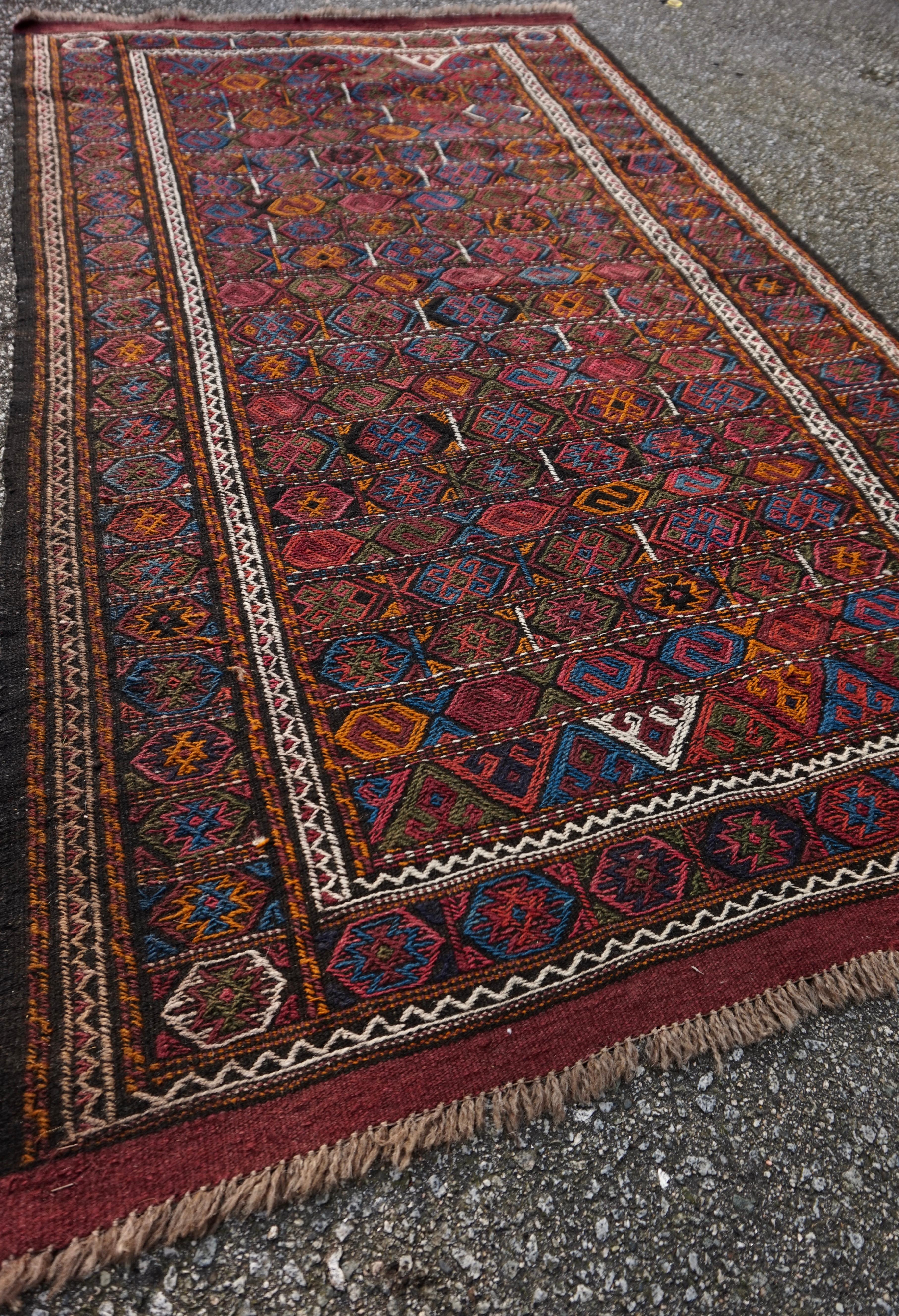 Mid-20th Century Rare Old Stock Hand-Knotted Central Asian Nomadic Tribal Flat-Weave Kilim For Sale