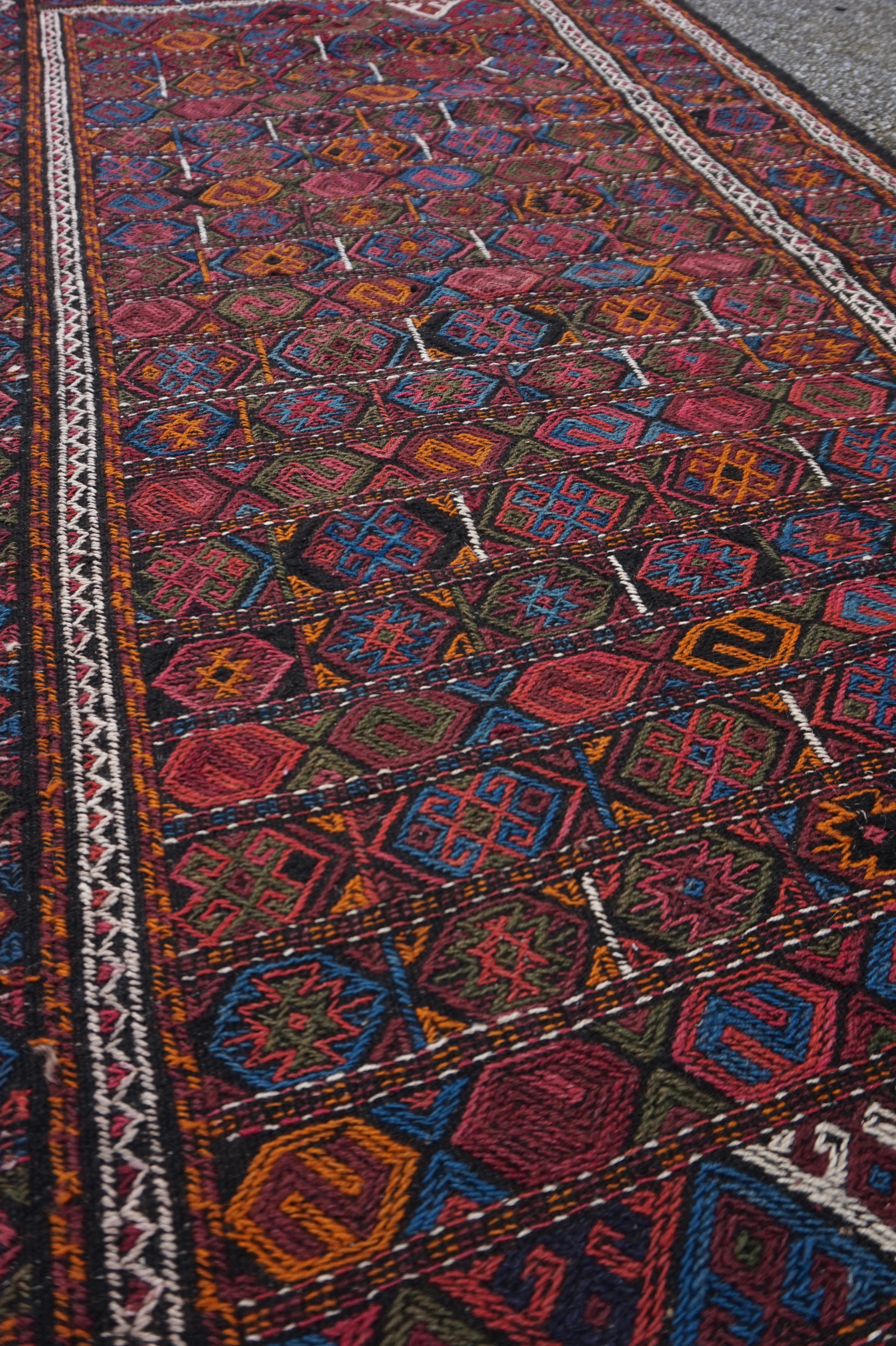 Wool Rare Old Stock Hand-Knotted Central Asian Nomadic Tribal Flat-Weave Kilim For Sale