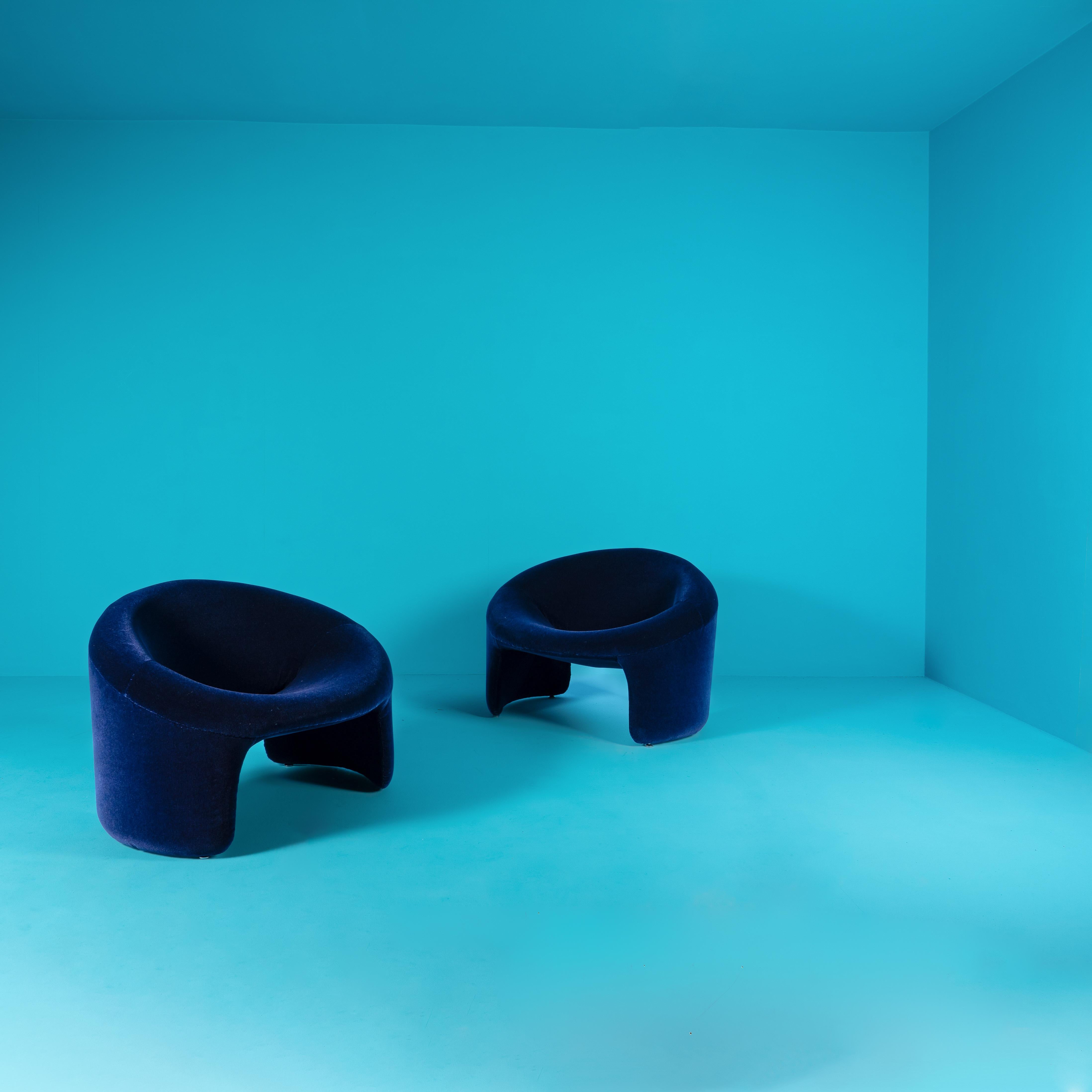 French Rare Olivier Mourgue Montreal armchairs dark blue velvet For Sale