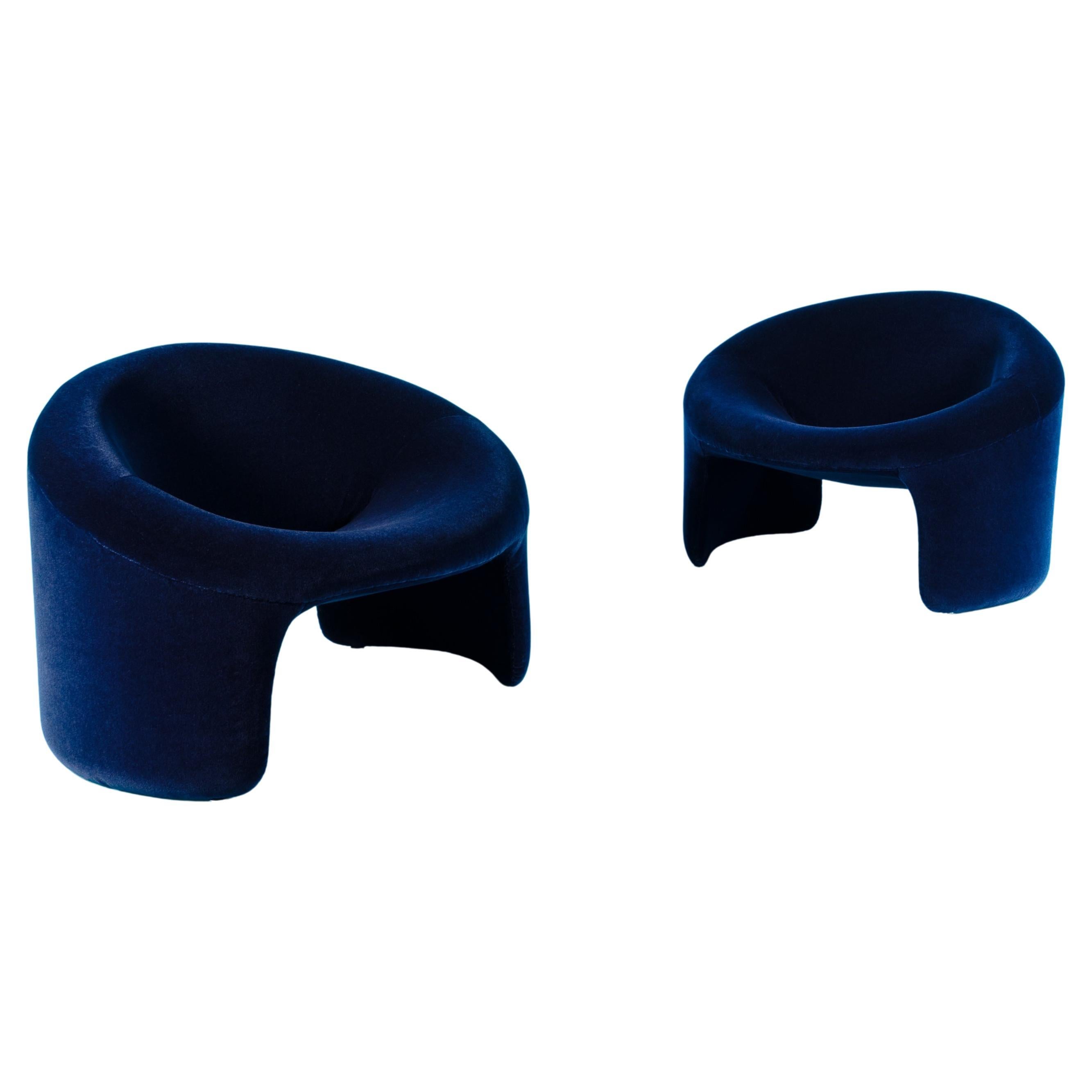 Rare Olivier Mourgue Montreal armchairs dark blue velvet