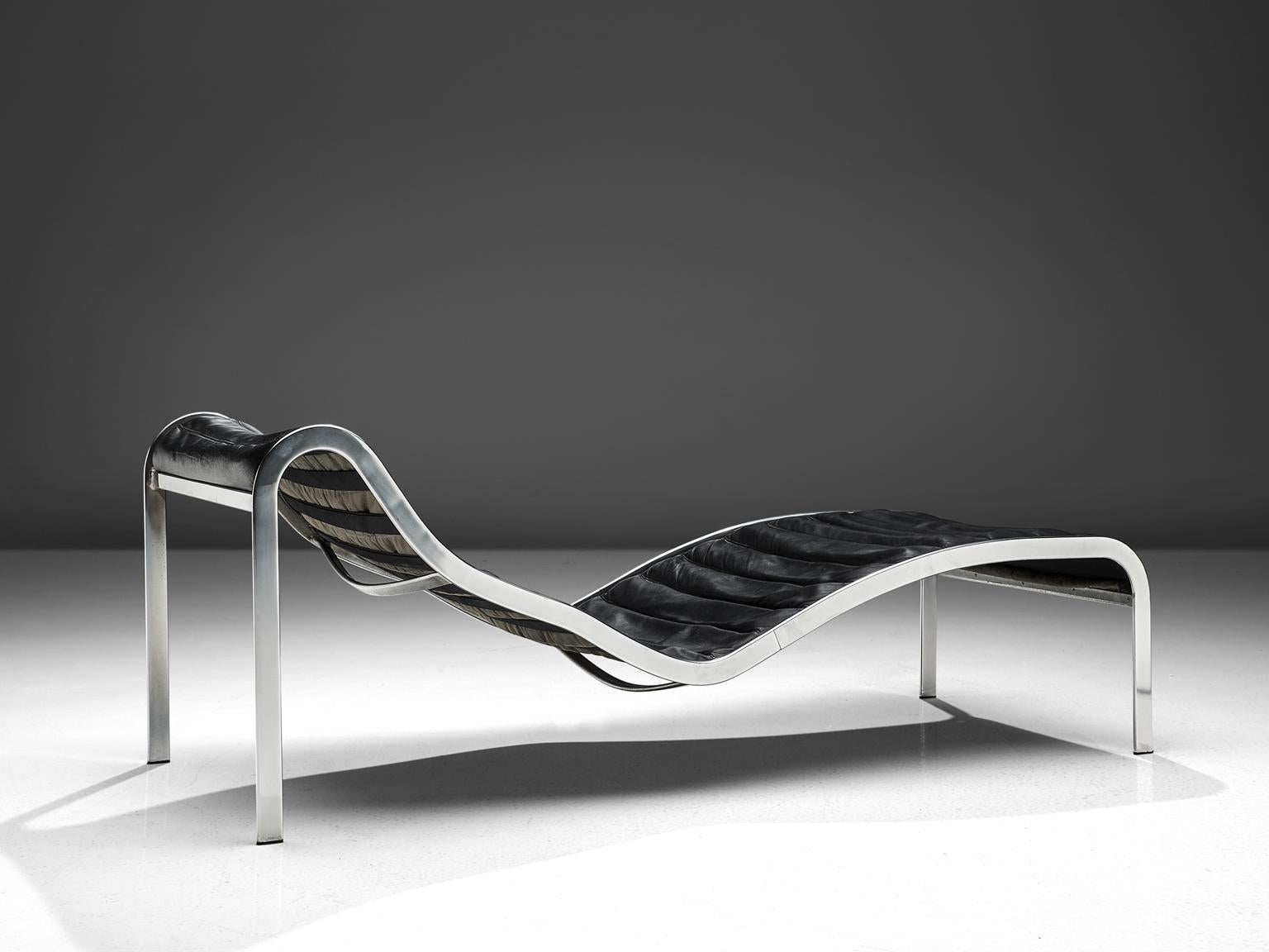 French Rare Olivier Mourgue 'Whist' Chaise Longue in Black Leather