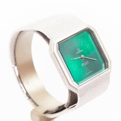 rare OMEGA 1970s De Ville "Emerald" Green Dial 18K White Gold Bark Finish Watch