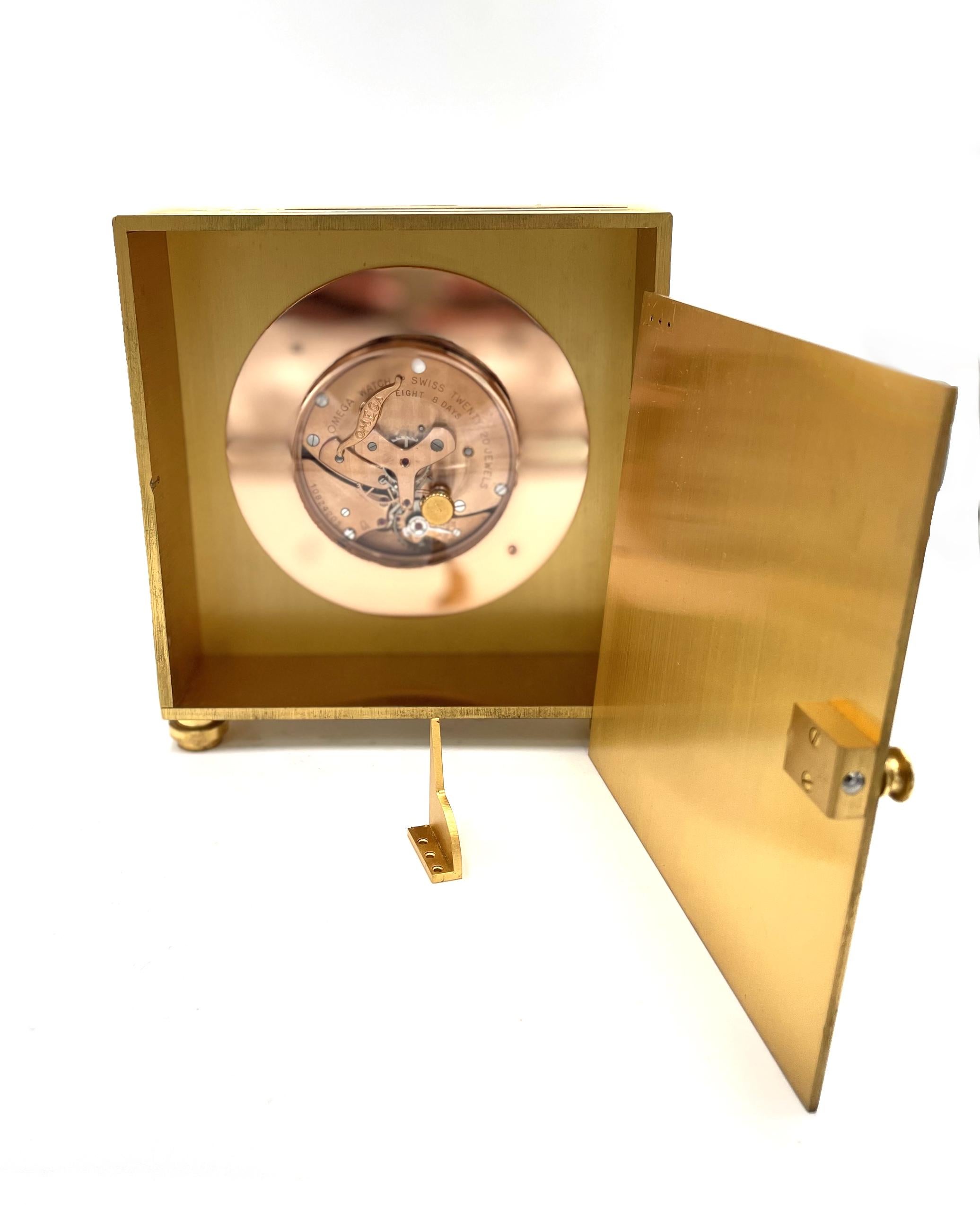 Rare Omega 8-Day Solid Brass Gold Gilt Mid-Century Desk Clock, Circa 1940 In Fair Condition In Old Tappan, NJ