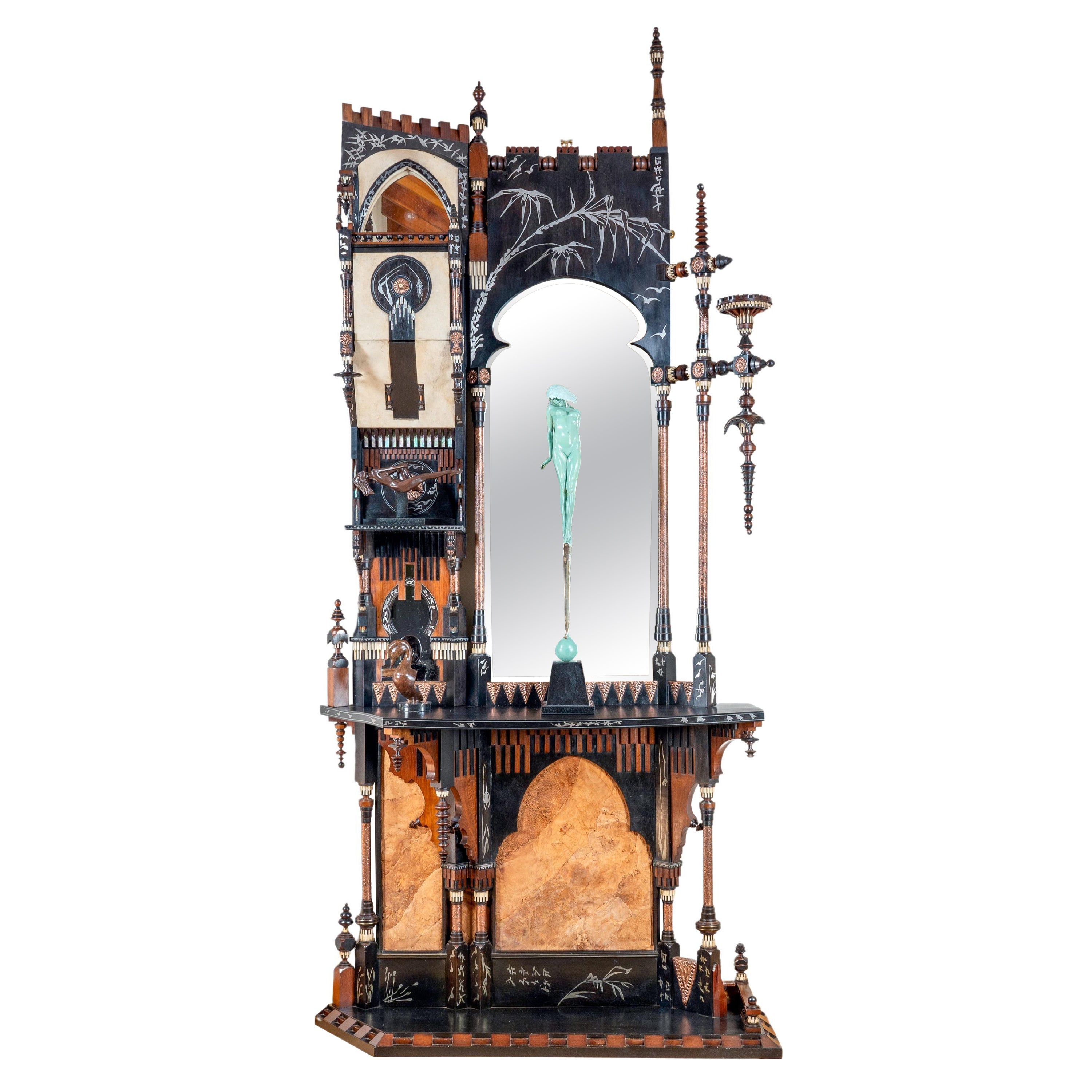 Rare et unique console d'entrée et miroir de Carlo Bugatti, détails incrustés en vente