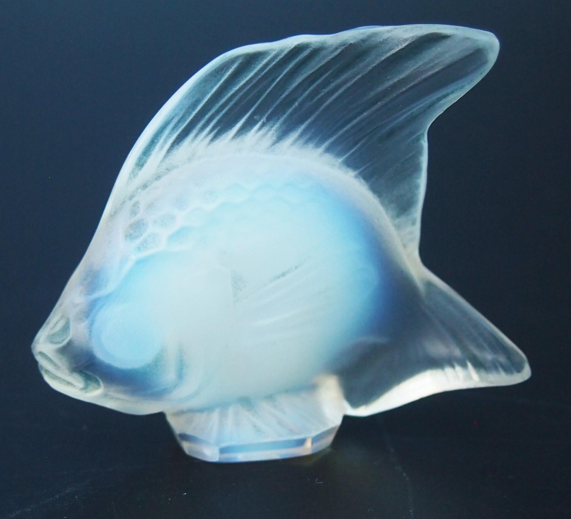 Super rare Rene Lalique opal glass Poisson Cachet first designed 1913with original blue staining -This example is from the very early 1920s. One of the most famous pieces designed and produced by Rene Lalique -and still in production until recently