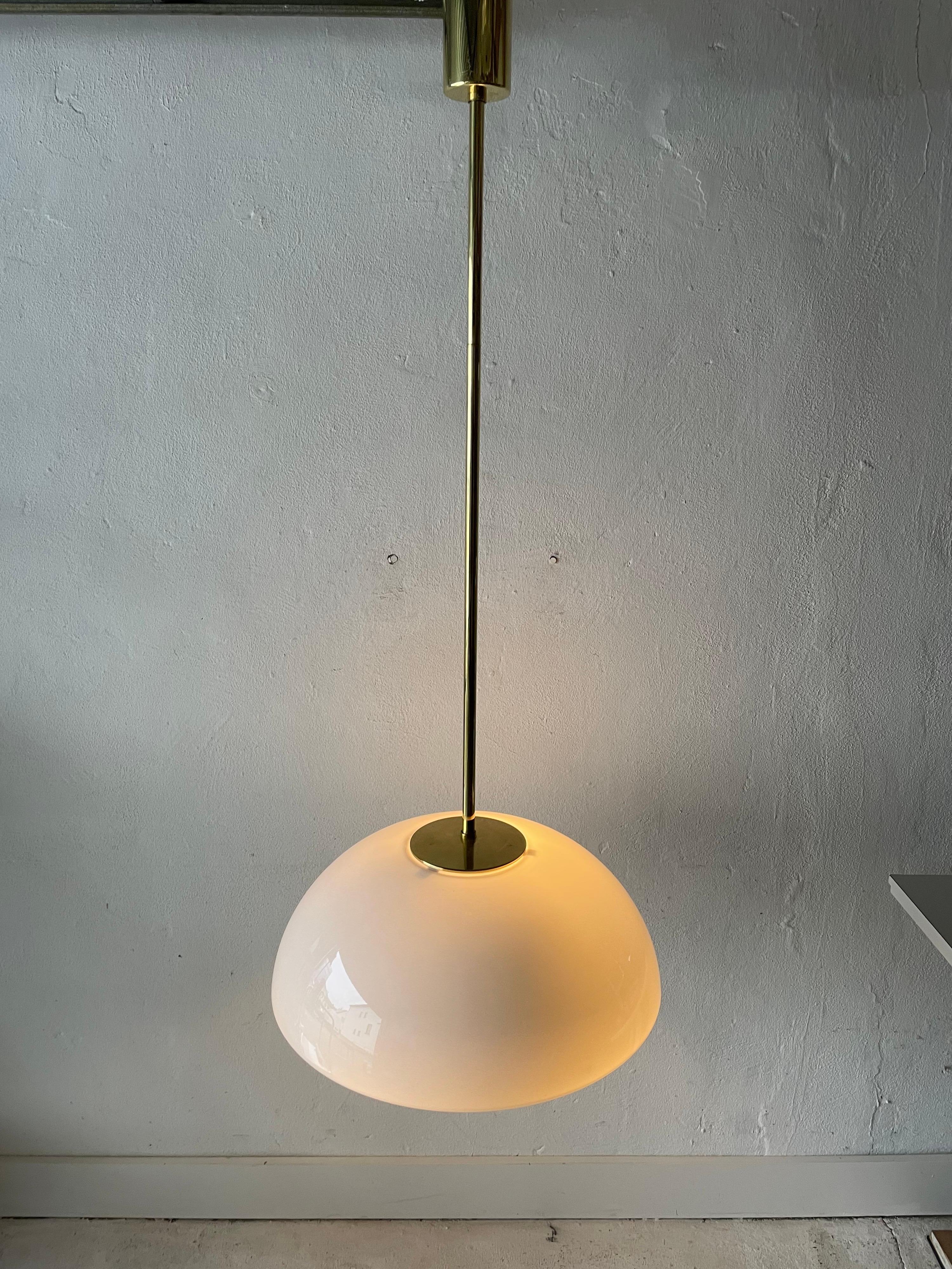 Rare Opaline Glass & Brass Lux Pendant Lamp by Limburg, 1960s, Germany 8