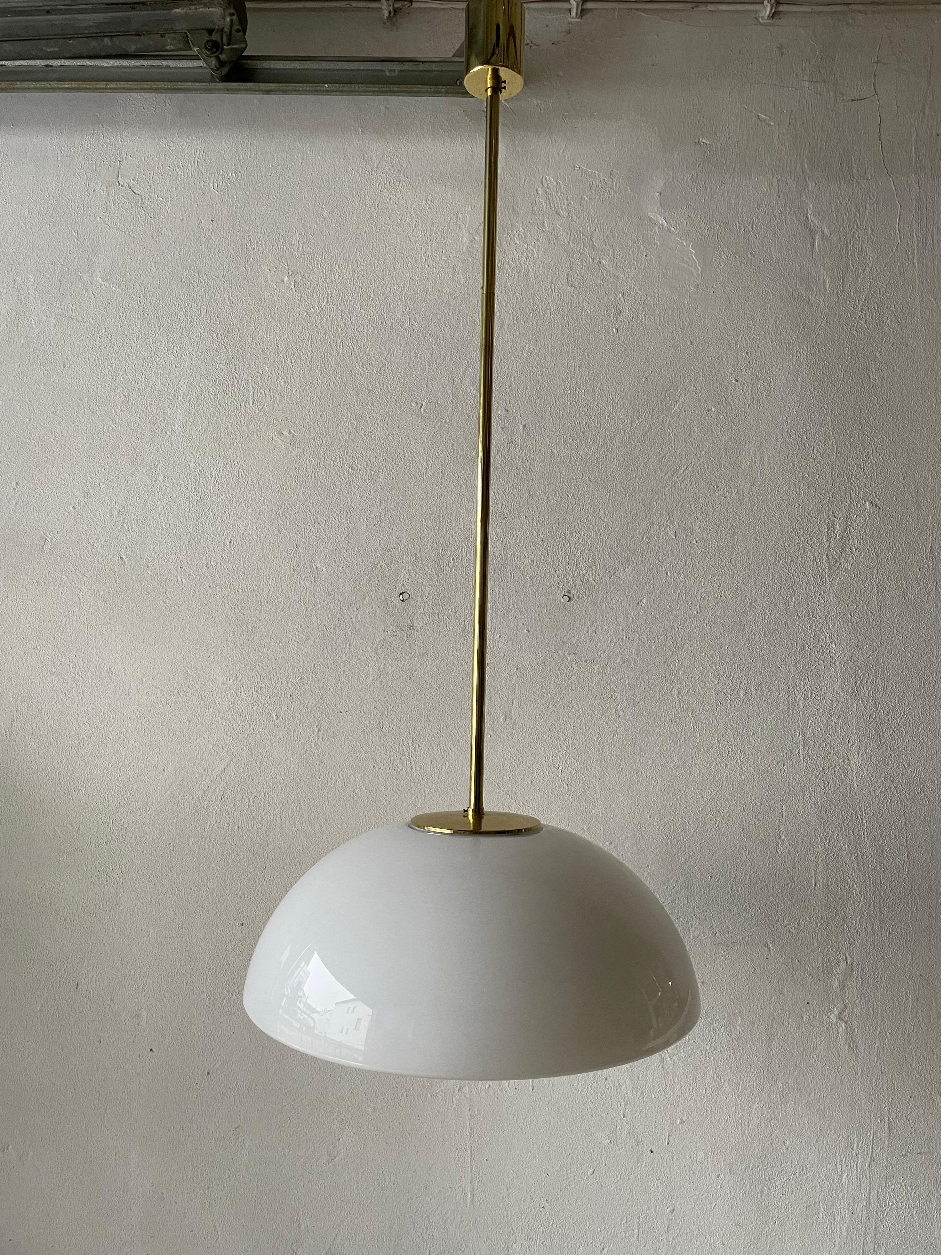 Rare Opaline Glass & Brass Lux Pendant Lamp by Limburg, 1960s, Germany In Good Condition In Hagenbach, DE