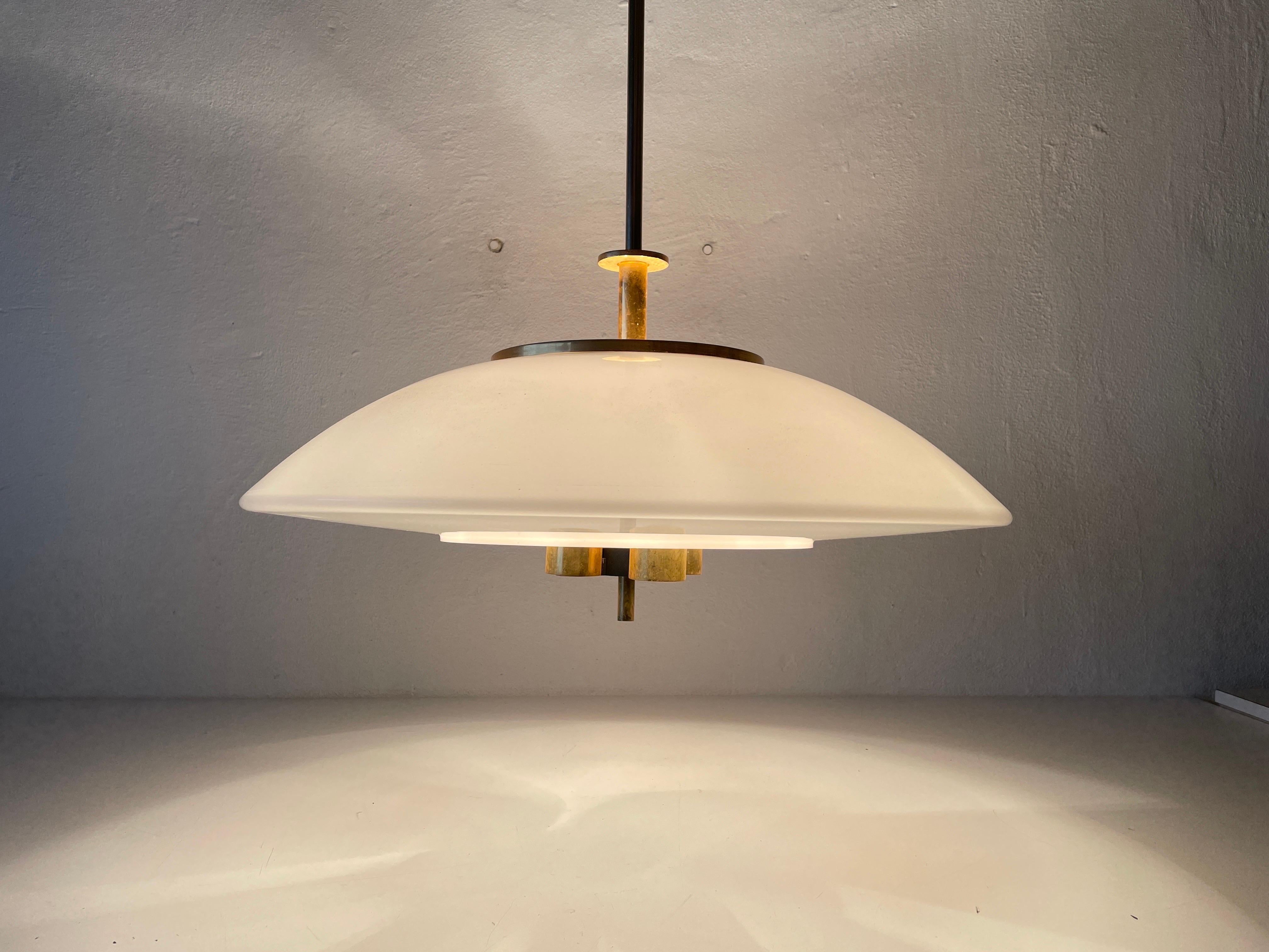 Rare Opaline Glass & Brass Lux Pendant Lamp by Limburg, 1960s, Germany For Sale 3