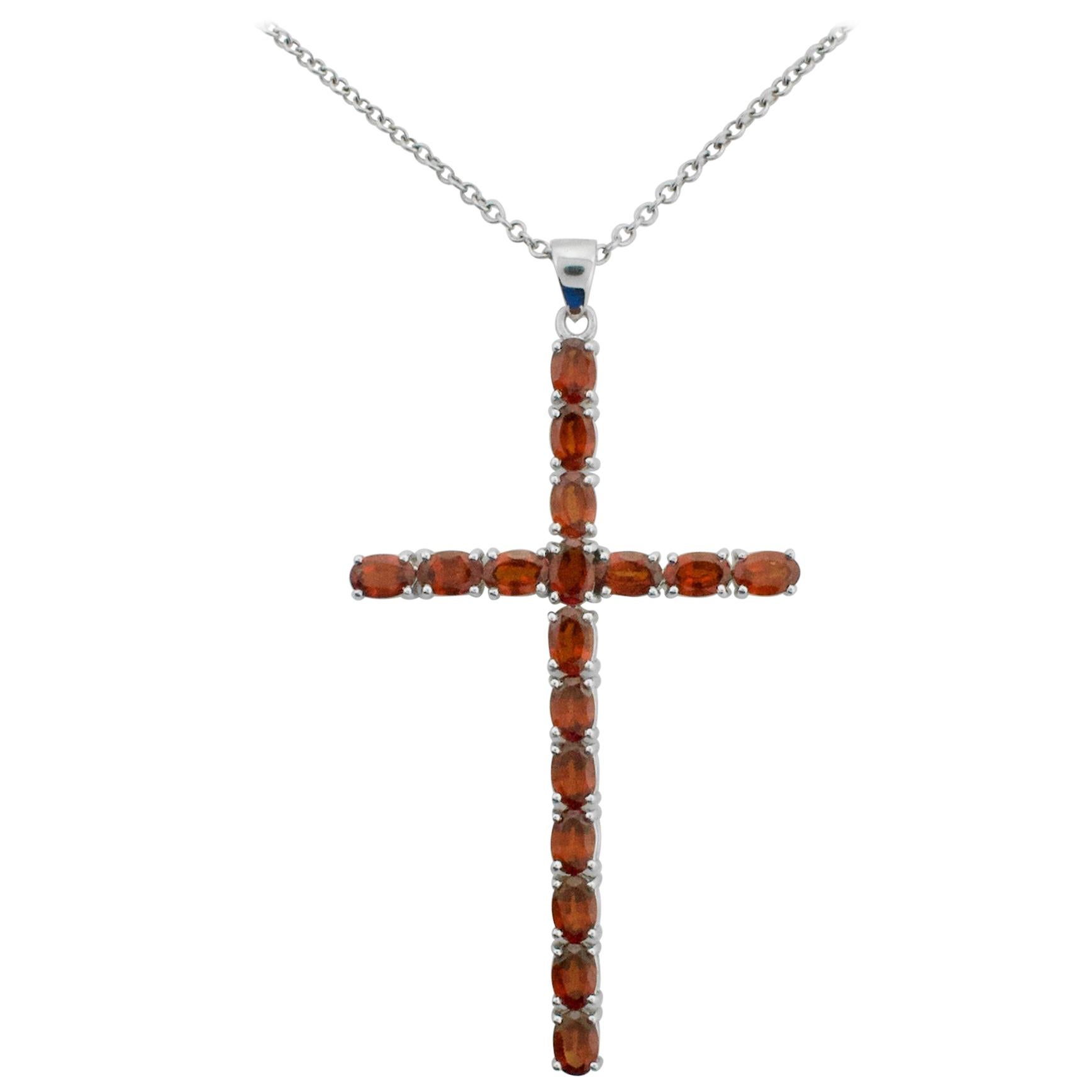 Rare Orange Garnet Cross Necklace 8.75 Carat in White Gold