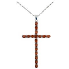 Retro Rare Orange Garnet Cross Necklace 8.75 Carat in White Gold