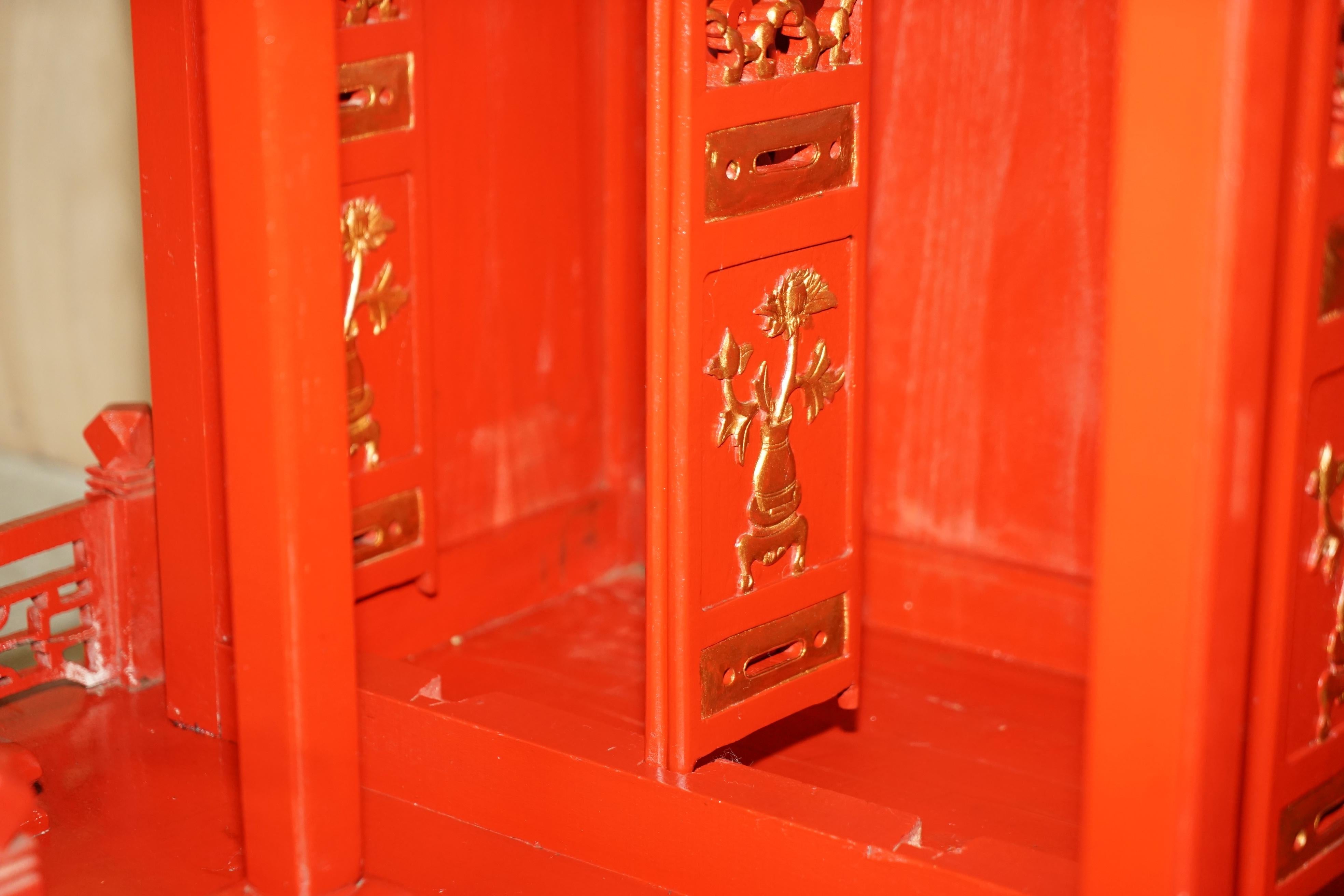Rare Oriental Chinese Export Vintage Pagoda Top Red Cabinet Very Decorative For Sale 13