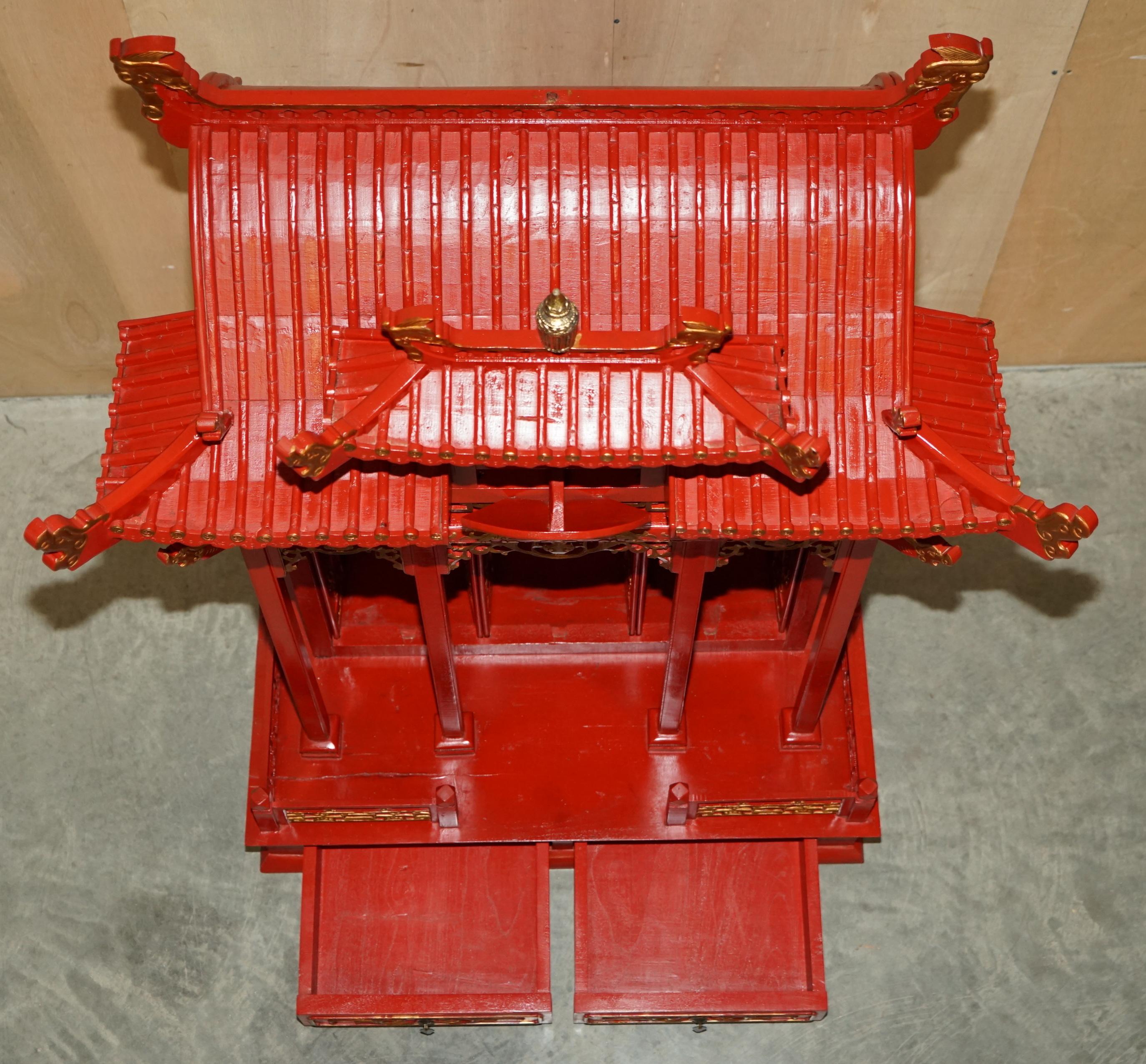 Rare Oriental Chinese Export Vintage Pagoda Top Red Cabinet Very Decorative For Sale 14