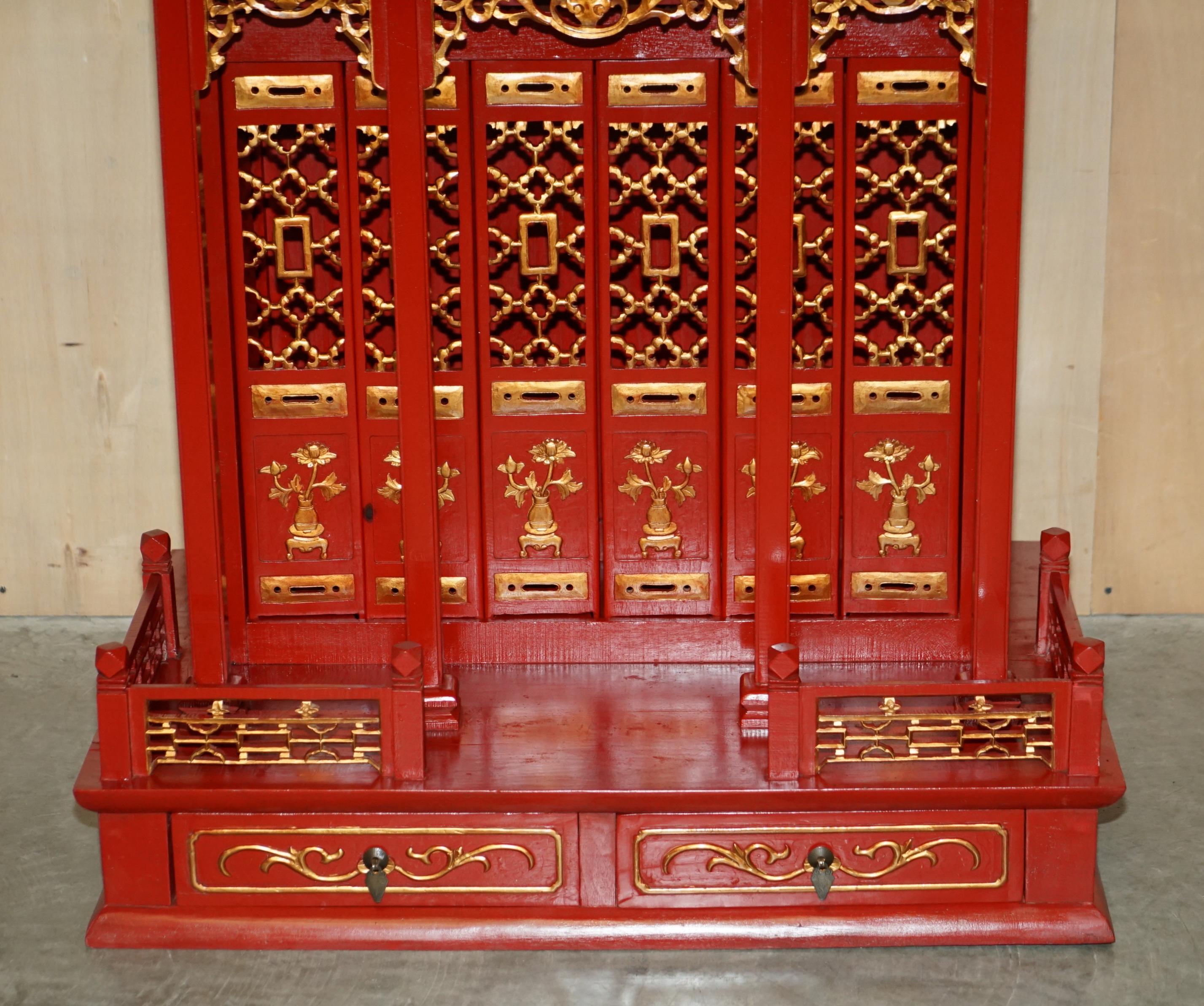 Mid-20th Century Rare Oriental Chinese Export Vintage Pagoda Top Red Cabinet Very Decorative For Sale