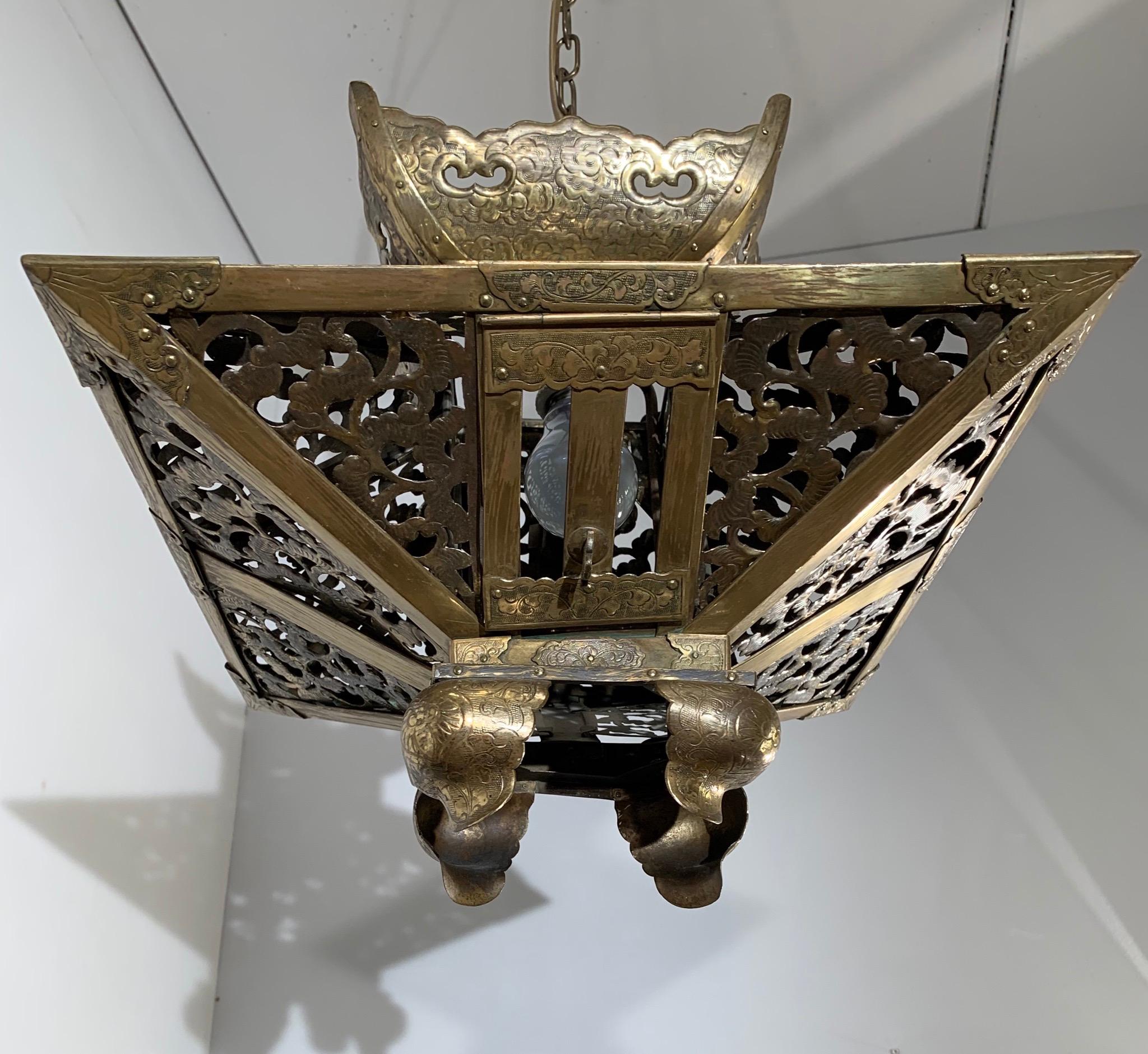 Rare Oriental Style Chinese Pagoda Shape Arts & Crafts Brass Pendant or Lantern For Sale 1