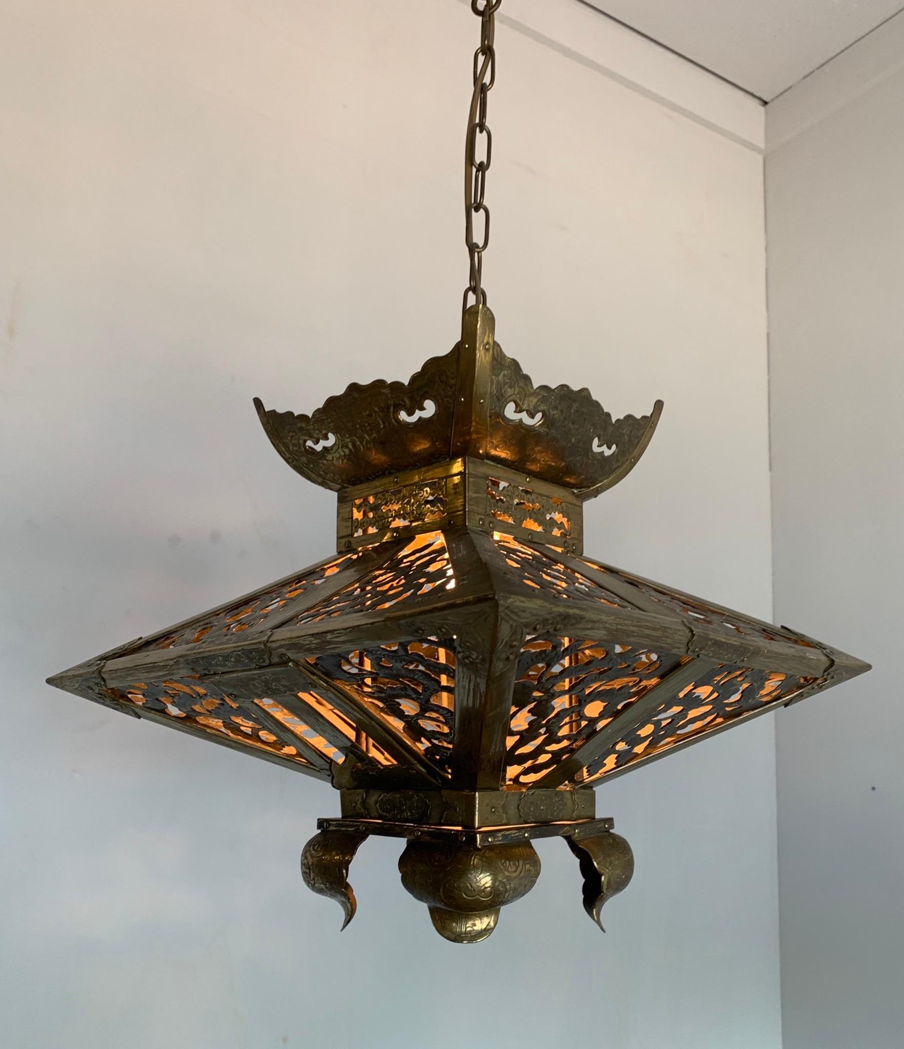 Arts and Crafts Rare Oriental Style Chinese Pagoda Shape Arts & Crafts Brass Pendant or Lantern For Sale