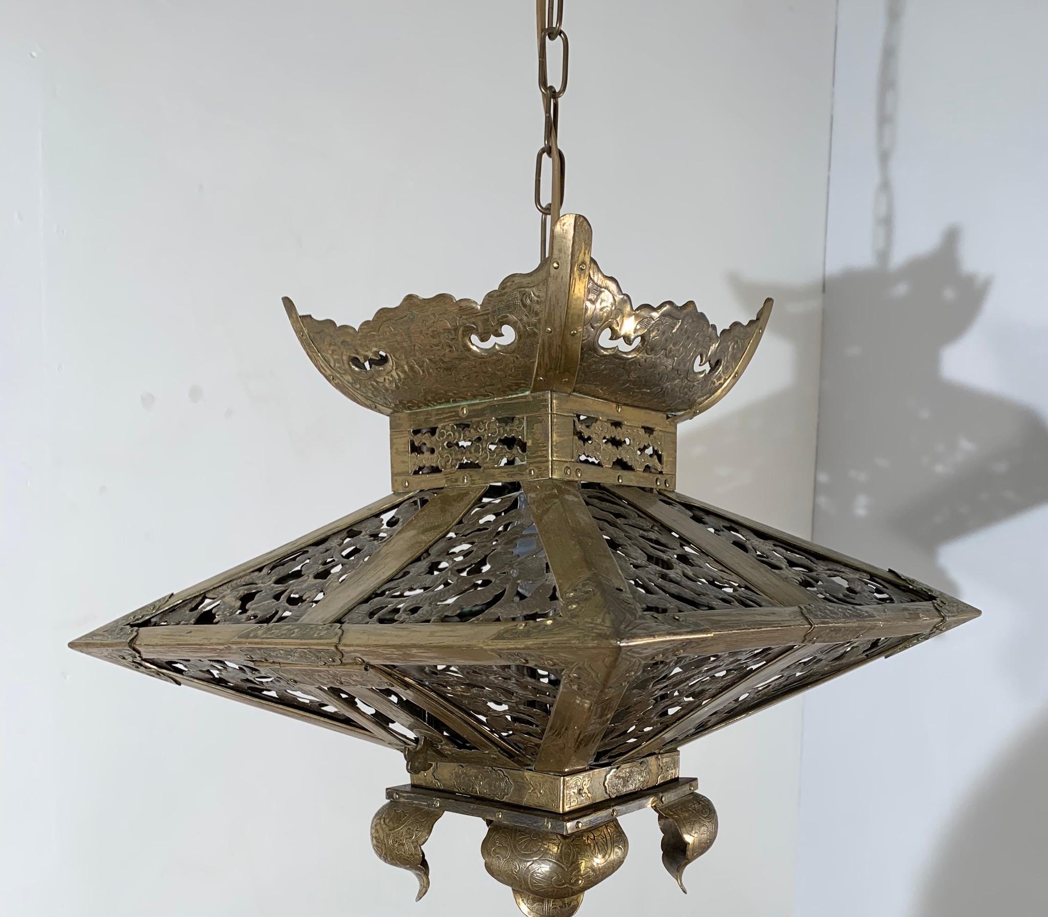 European Rare Oriental Style Chinese Pagoda Shape Arts & Crafts Brass Pendant or Lantern For Sale