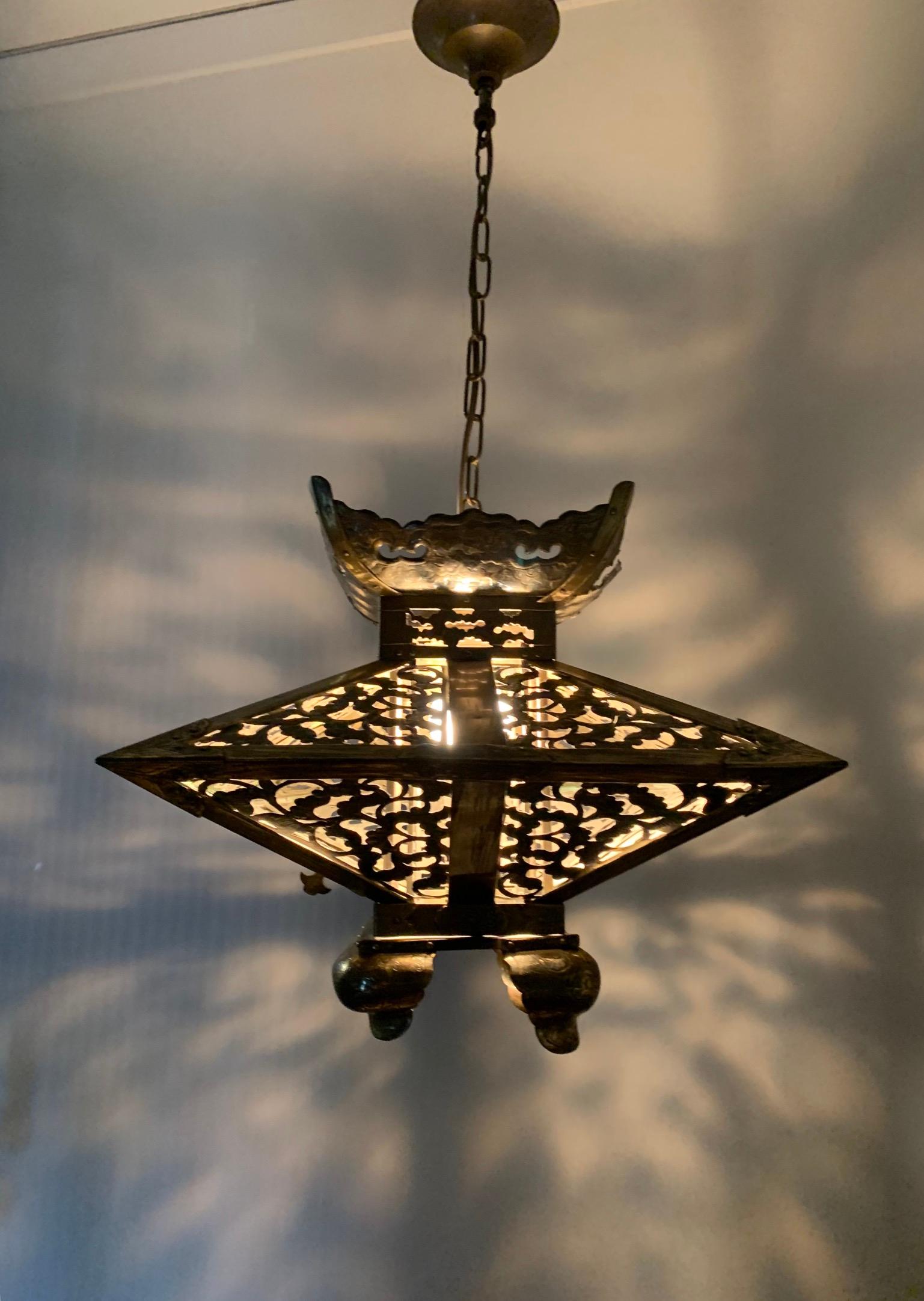 Hand-Crafted Rare Oriental Style Chinese Pagoda Shape Arts & Crafts Brass Pendant or Lantern For Sale