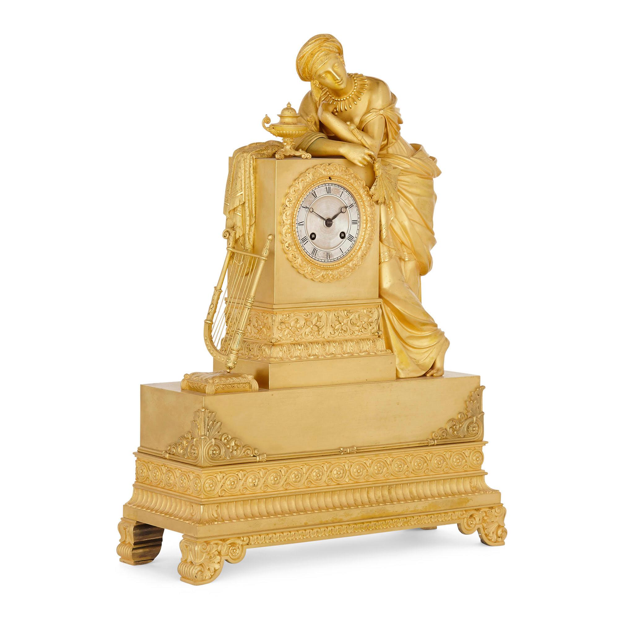 Rare orientalist gilt bronze mantel clock by Denière et Fils
French, circa 1830
Measures: Height 54cm, width 40cm, depth 18cm

This beautiful mantel clock is crafted from gilt bronze in the Orientalist style. The piece was produced during the