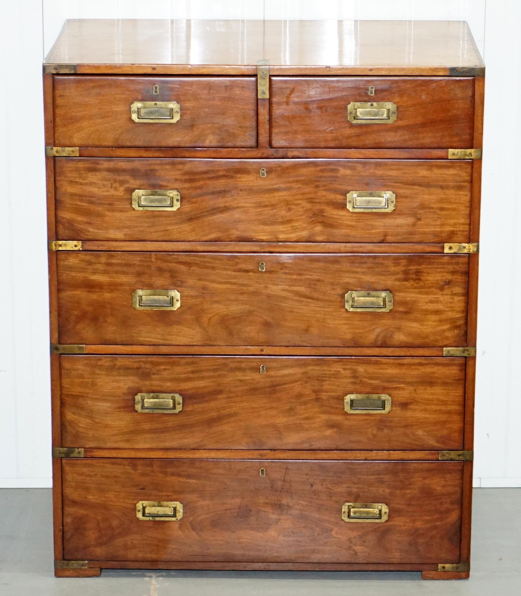 We are delighted to offer for sale lovely very rare solid mahogany with brass trim Military officers campaign chest of drawers, circa 1870.

These are exceptionally rare, six drawers five-tier versions of these absolutely never come up for sale,