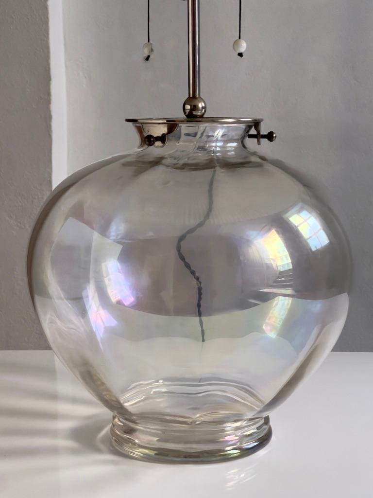 Rare Original 1920s danish table lamp in iridescent glass, perforated lamp shade For Sale 3