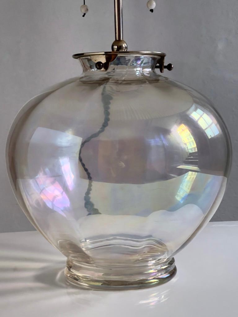 Rare Original 1920s danish table lamp in iridescent glass, perforated lamp shade For Sale 4