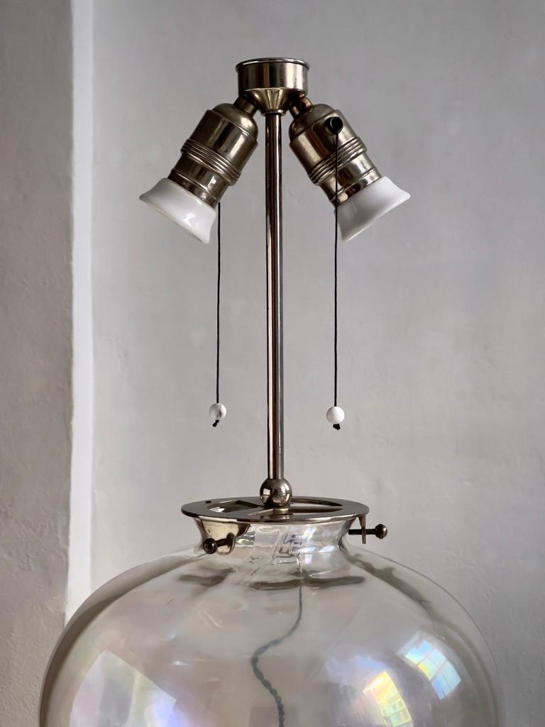 Art Deco Rare Original 1920s danish table lamp in iridescent glass, perforated lamp shade For Sale