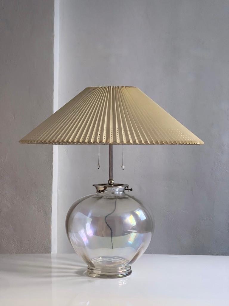 Early 20th Century Rare Original 1920s danish table lamp in iridescent glass, perforated lamp shade For Sale