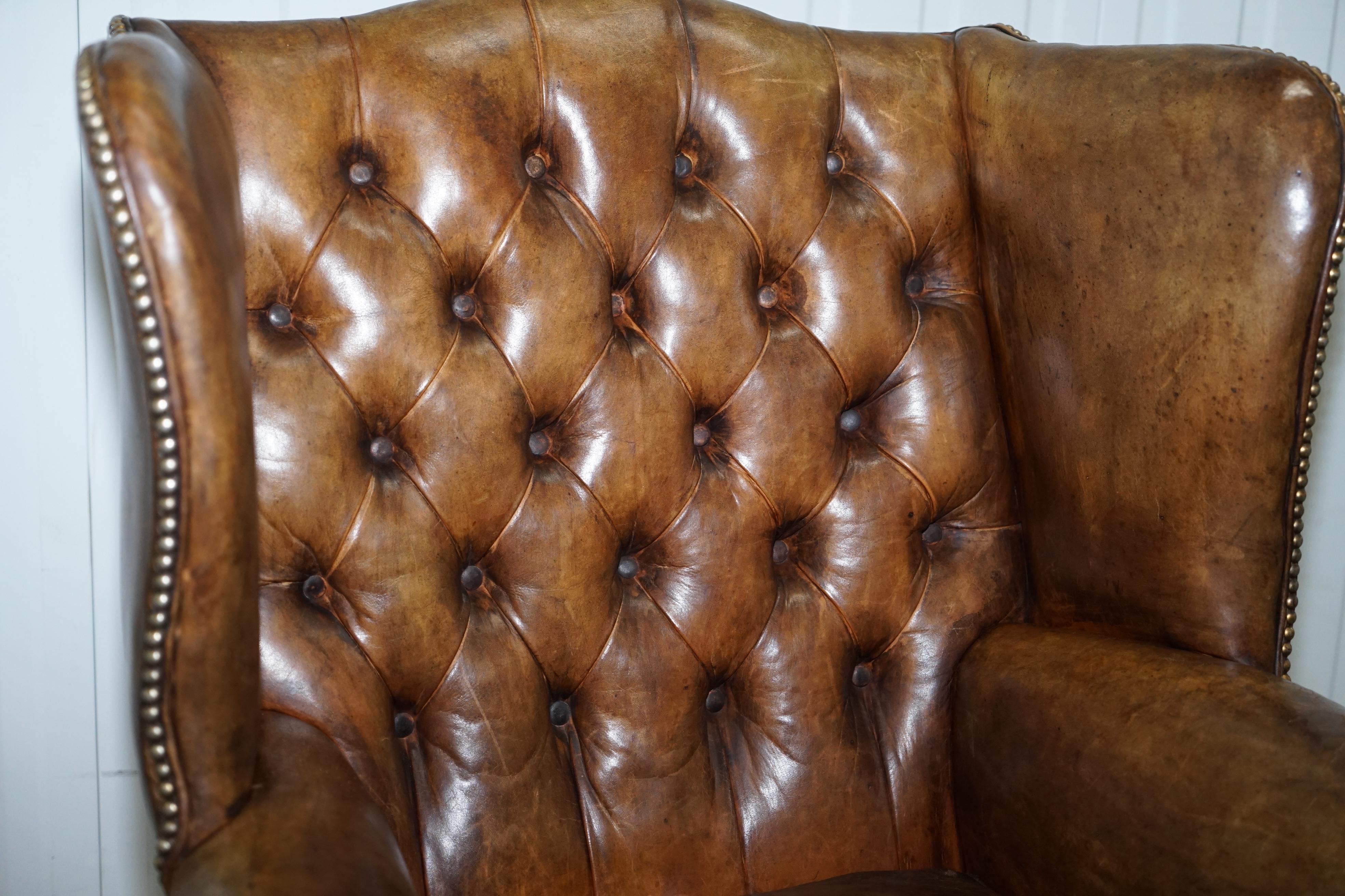Rare Original 1930s Chesterfield Leather Wingback Armchair Feather Cushion 3