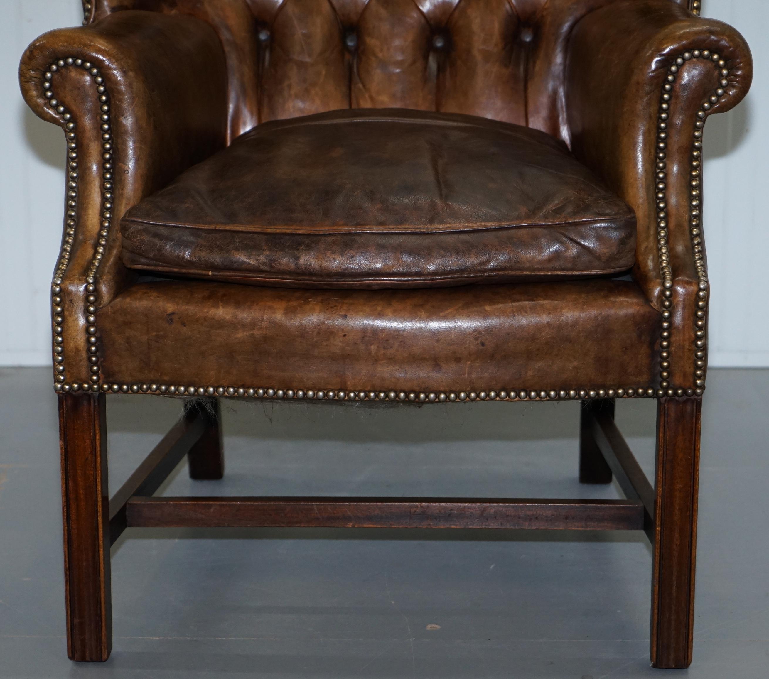 Rare Original 1930s Chesterfield Leather Wingback Armchair Feather Cushion 5