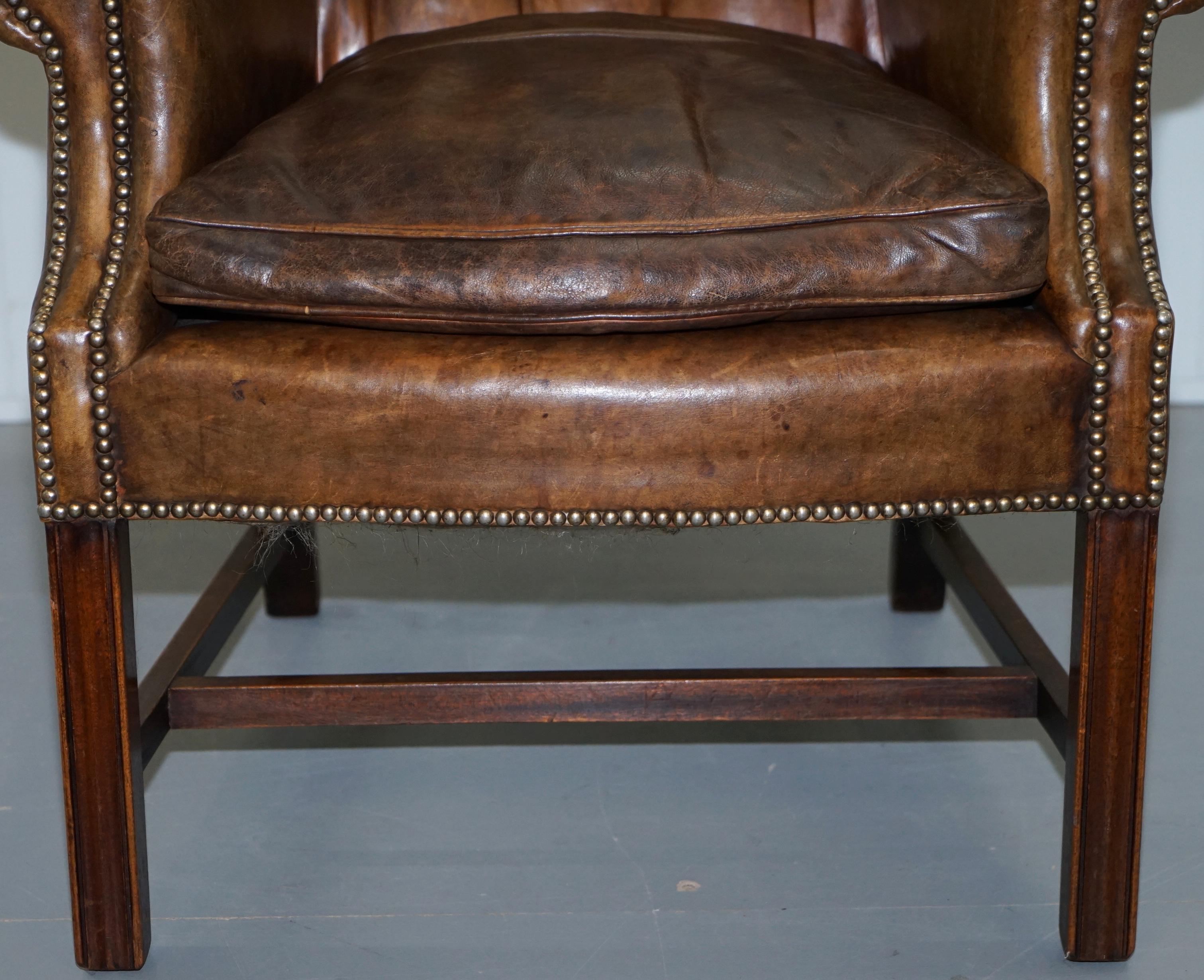 Rare Original 1930s Chesterfield Leather Wingback Armchair Feather Cushion 6