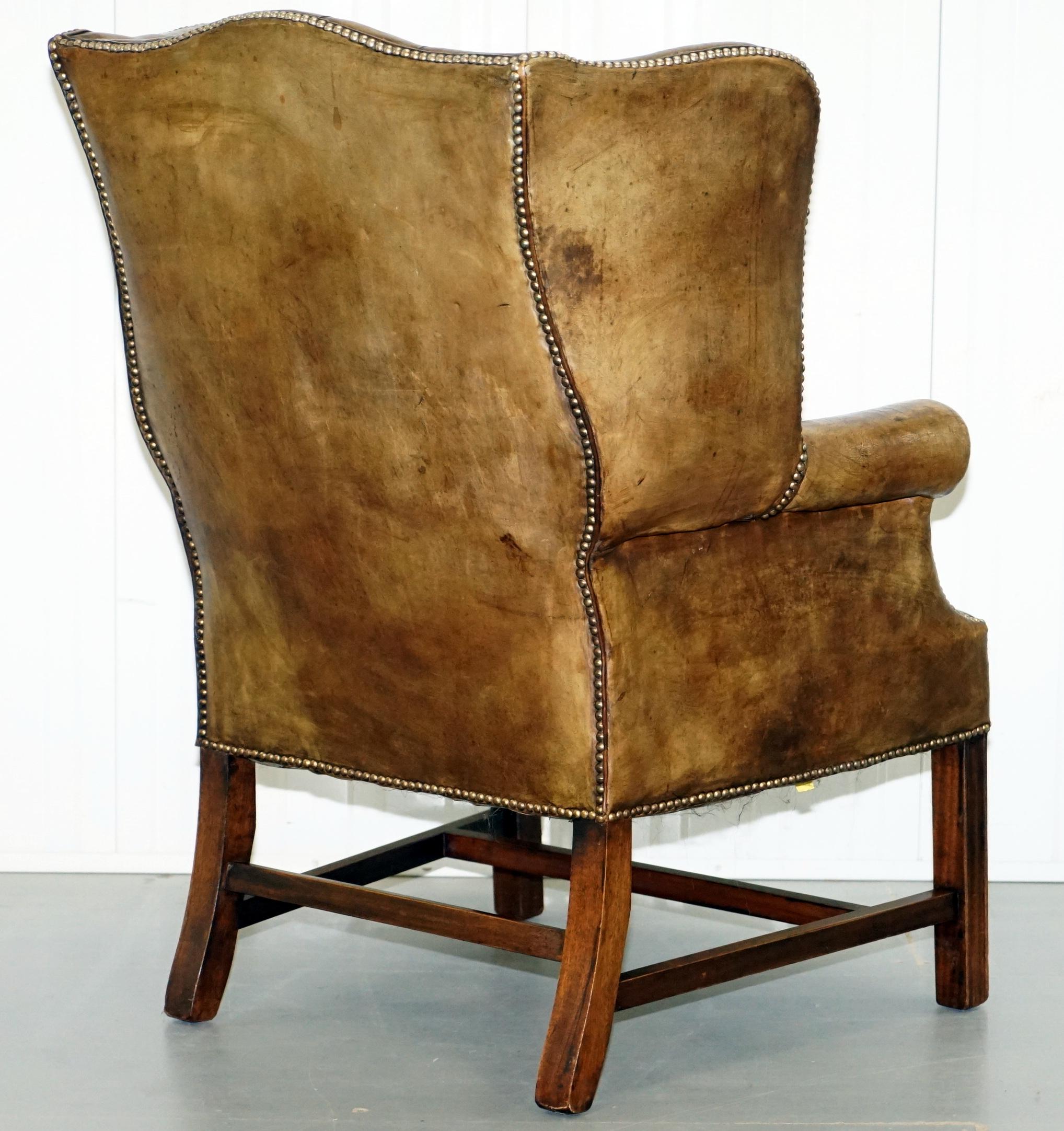 Rare Original 1930s Chesterfield Leather Wingback Armchair Feather Cushion 7