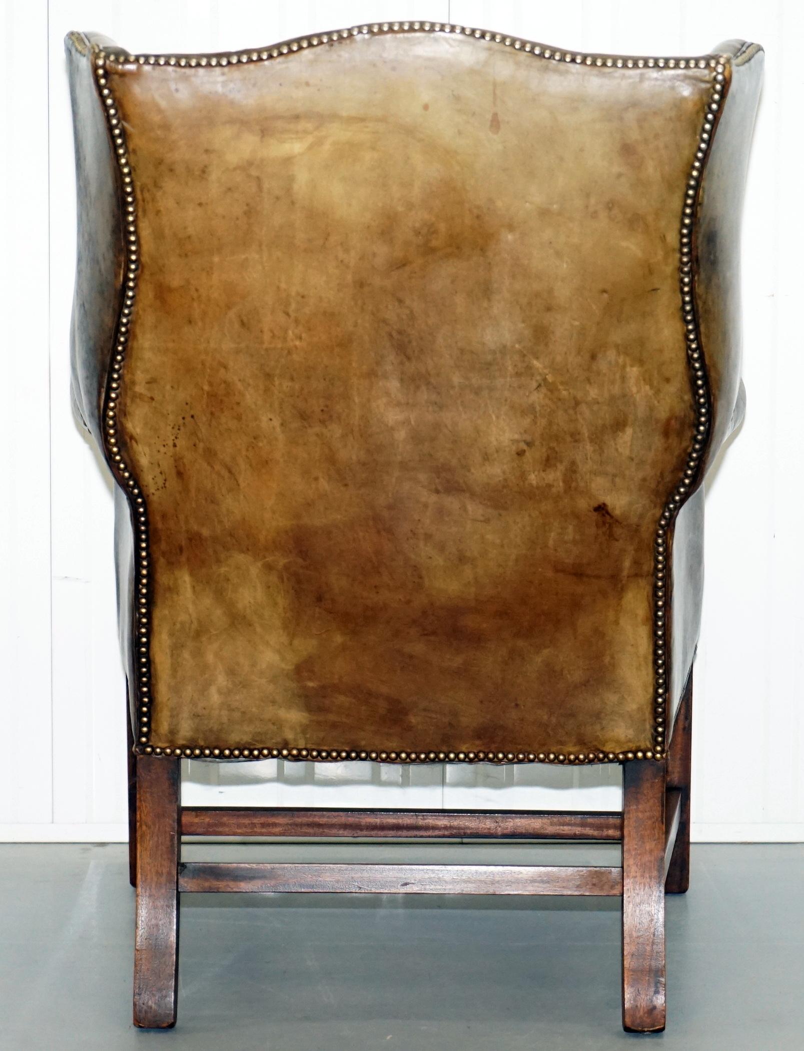 Rare Original 1930s Chesterfield Leather Wingback Armchair Feather Cushion 8