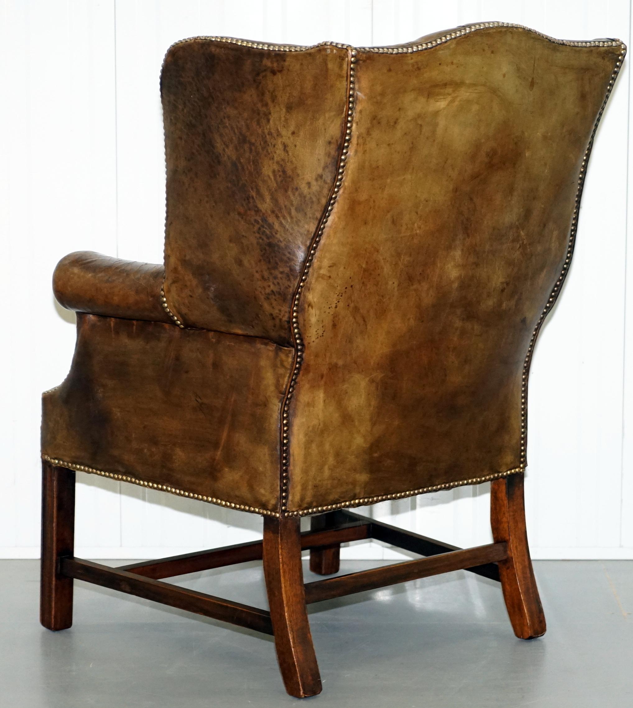 Rare Original 1930s Chesterfield Leather Wingback Armchair Feather Cushion 9
