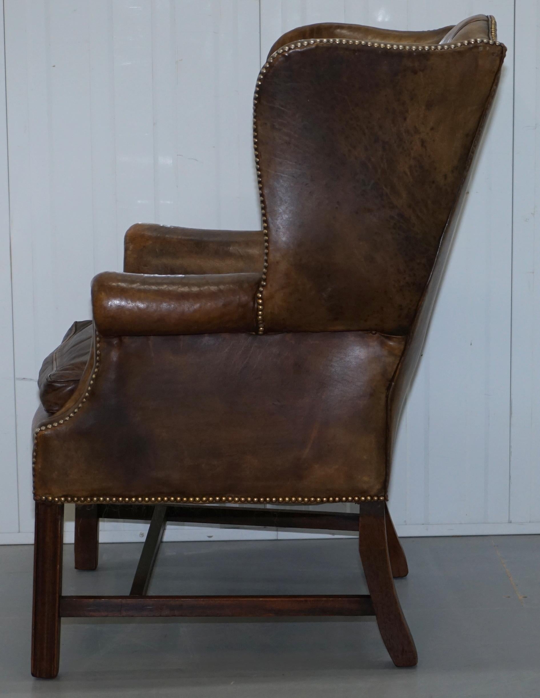 Rare Original 1930s Chesterfield Leather Wingback Armchair Feather Cushion 10