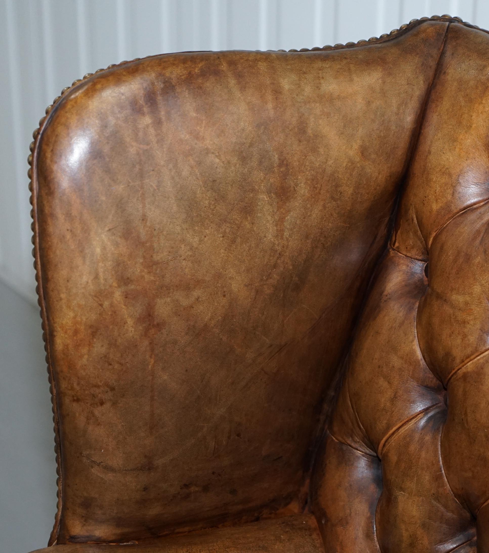 English Rare Original 1930s Chesterfield Leather Wingback Armchair Feather Cushion