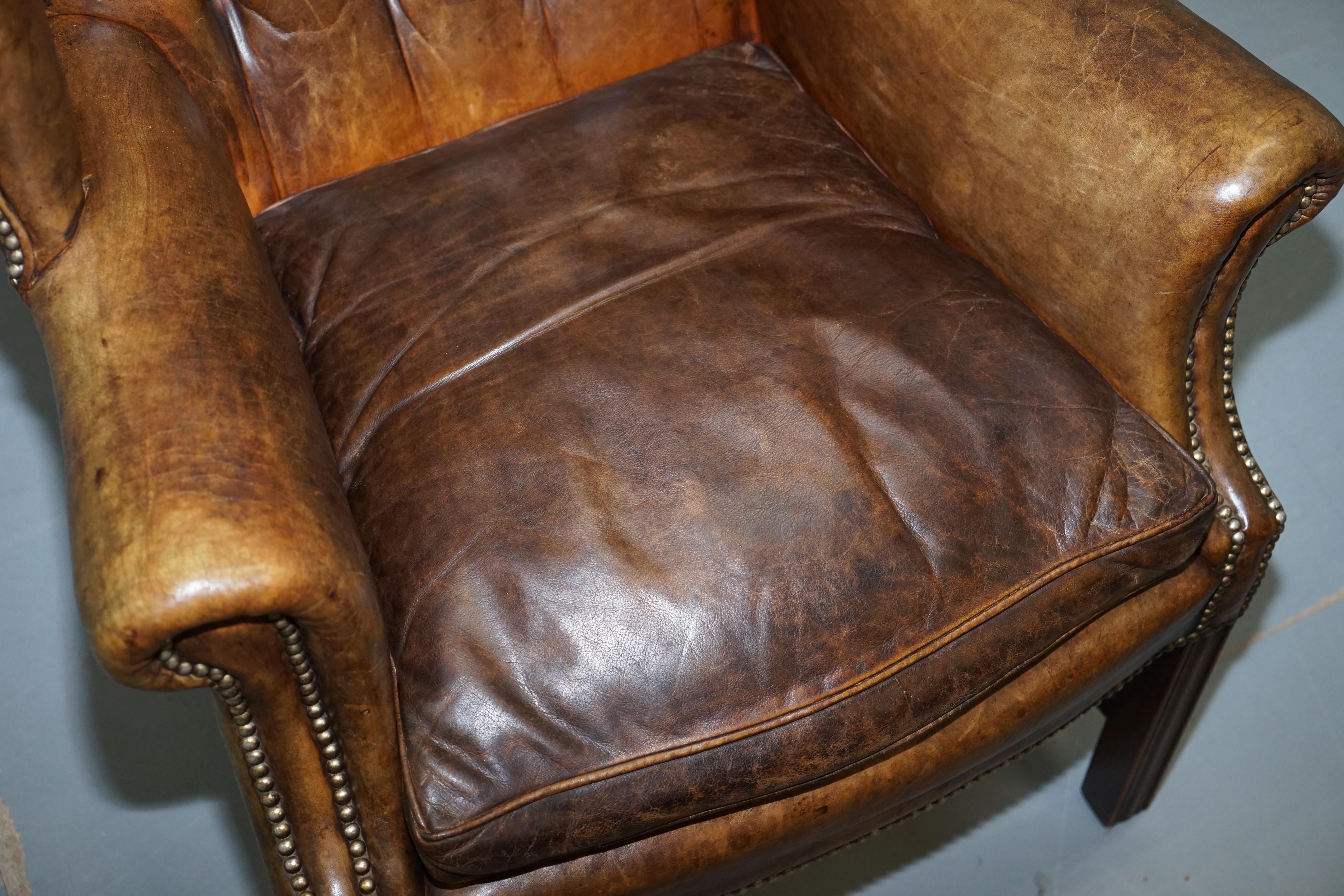 Hand-Crafted Rare Original 1930s Chesterfield Leather Wingback Armchair Feather Cushion