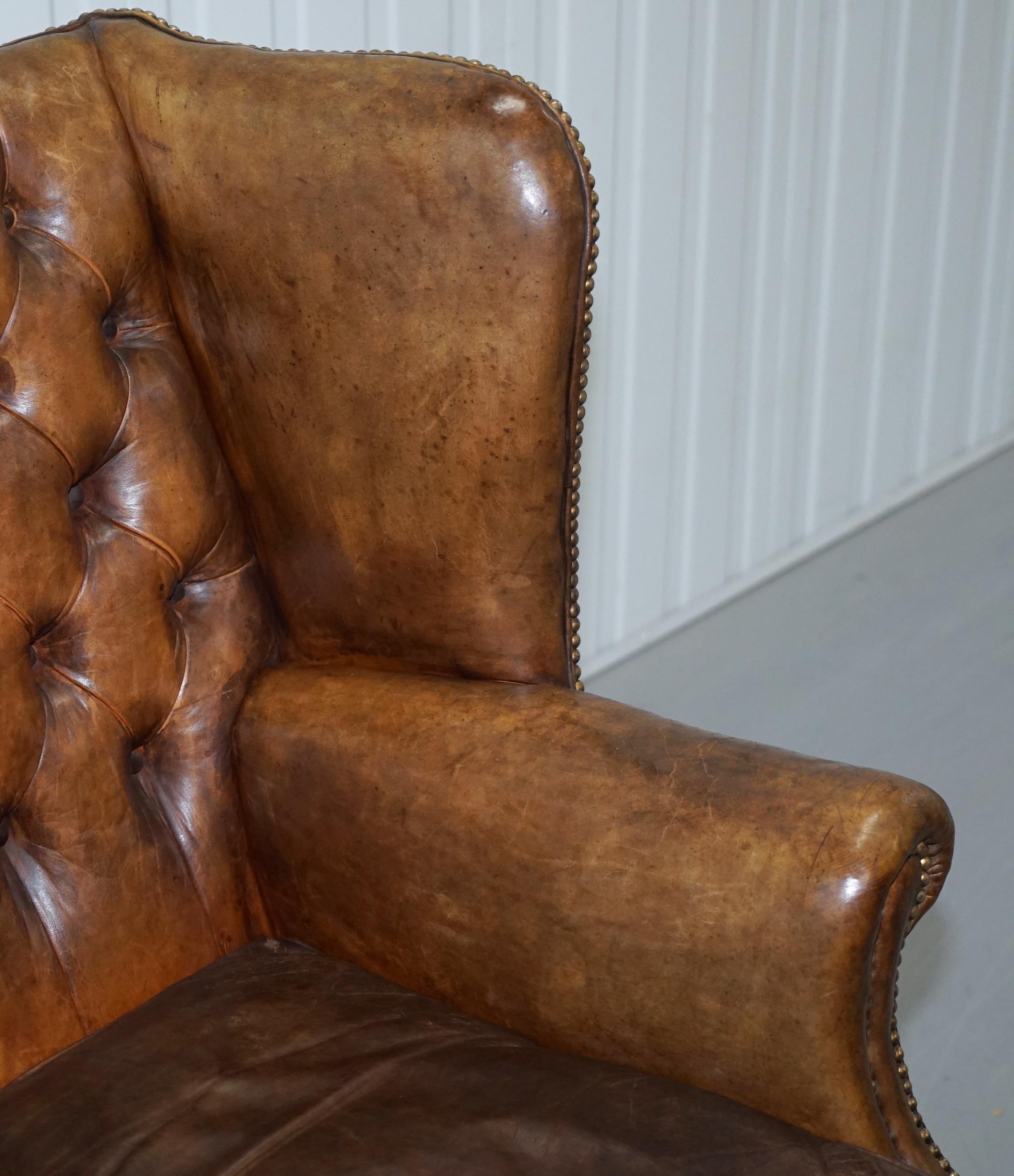 20th Century Rare Original 1930s Chesterfield Leather Wingback Armchair Feather Cushion