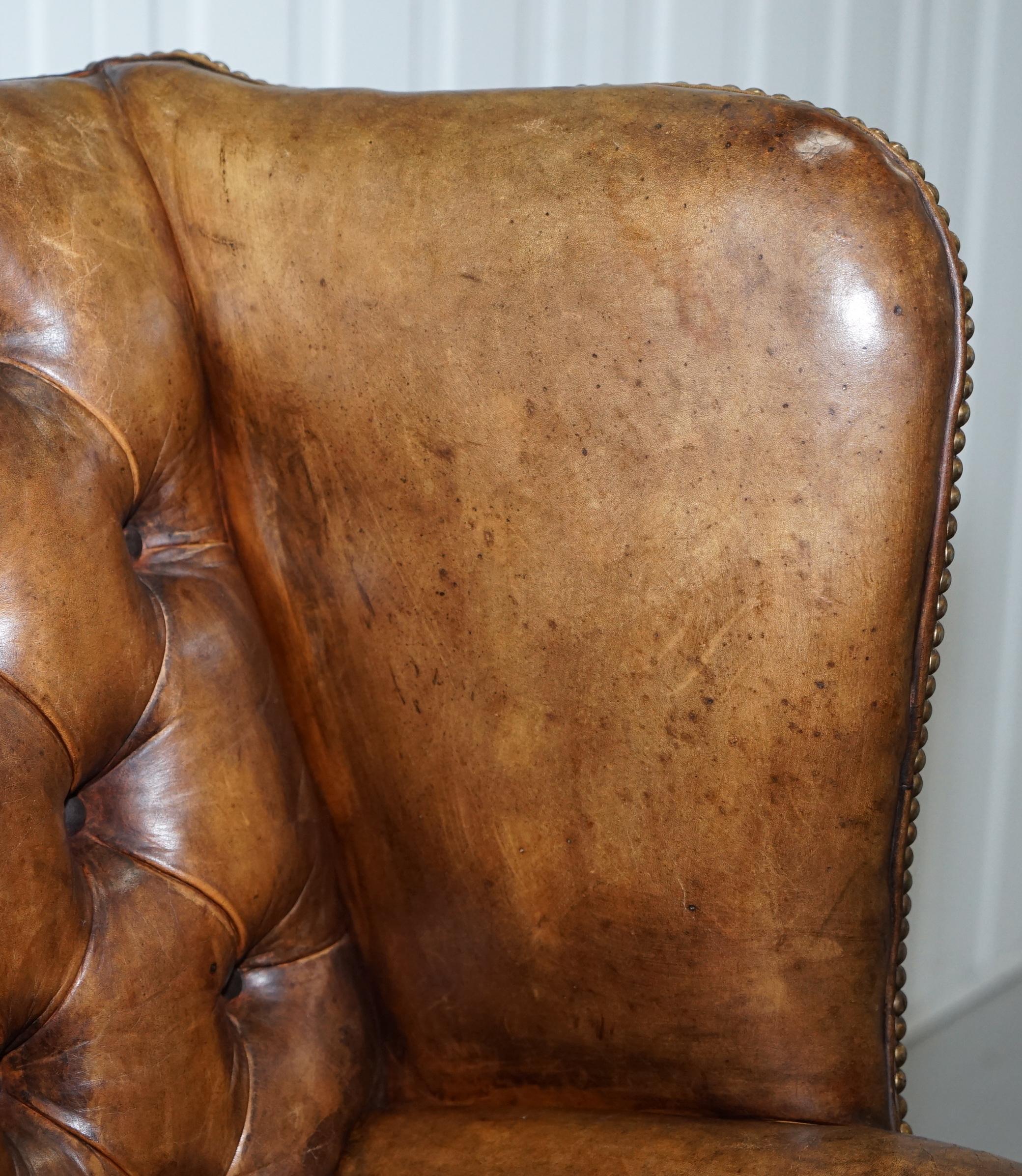 Rare Original 1930s Chesterfield Leather Wingback Armchair Feather Cushion 1