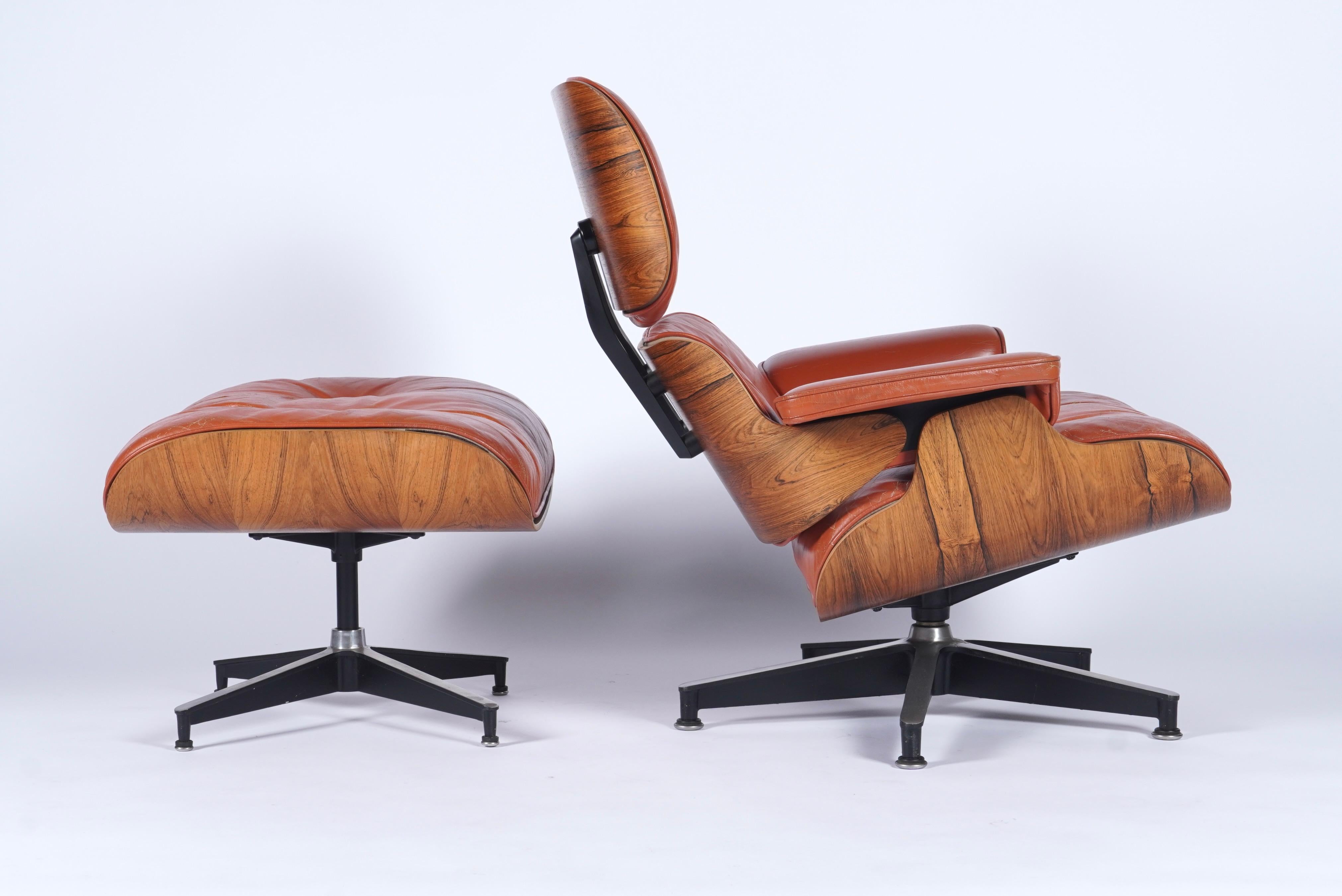 Aluminum Rare & Original 1960s Custom Color Eames Lounge & Ottoman Brunt Orange Leather